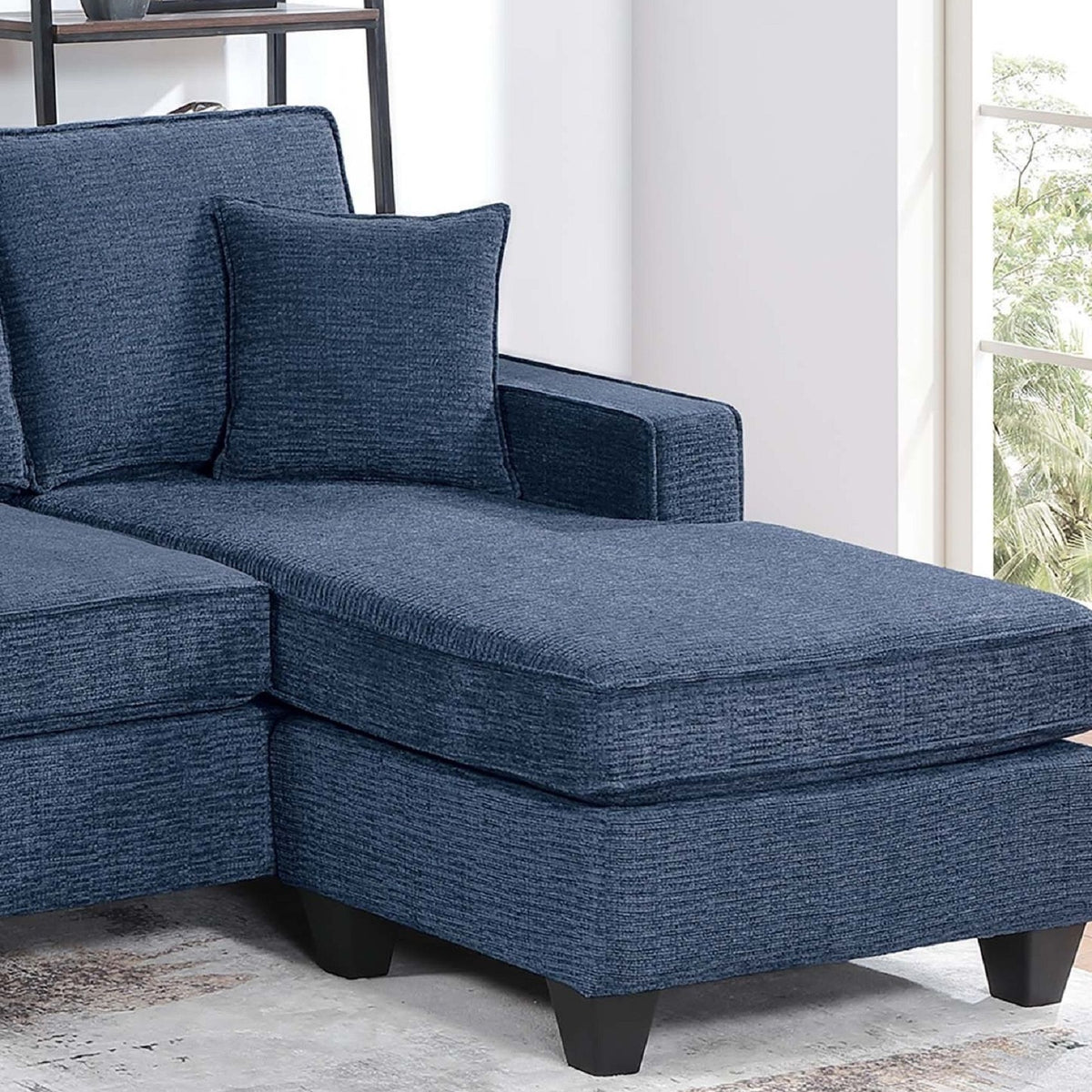 Set seccional con puerto USB, chaiselongue de brazo derecho, sofá de dos plazas sin brazos, chaiselongue de brazo izquierdo, 3 piezas, incluye cojines a juego - Azul oscuro