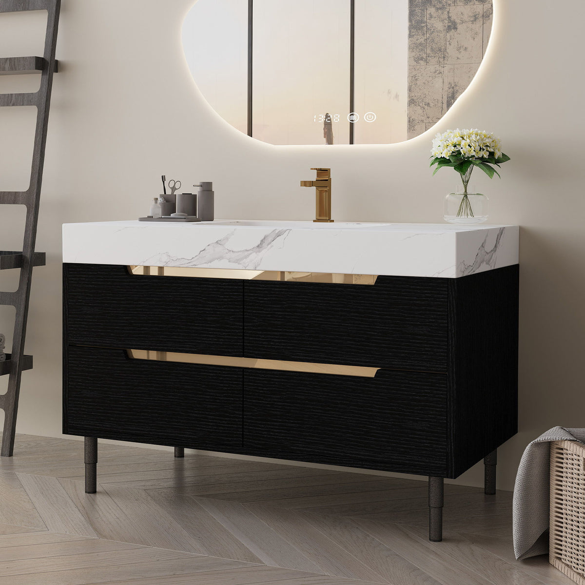 Tocador de baño con lavabo bajo encimera, 4 cajones de almacenamiento, de pie / montaje en pared - Negro / Blanco