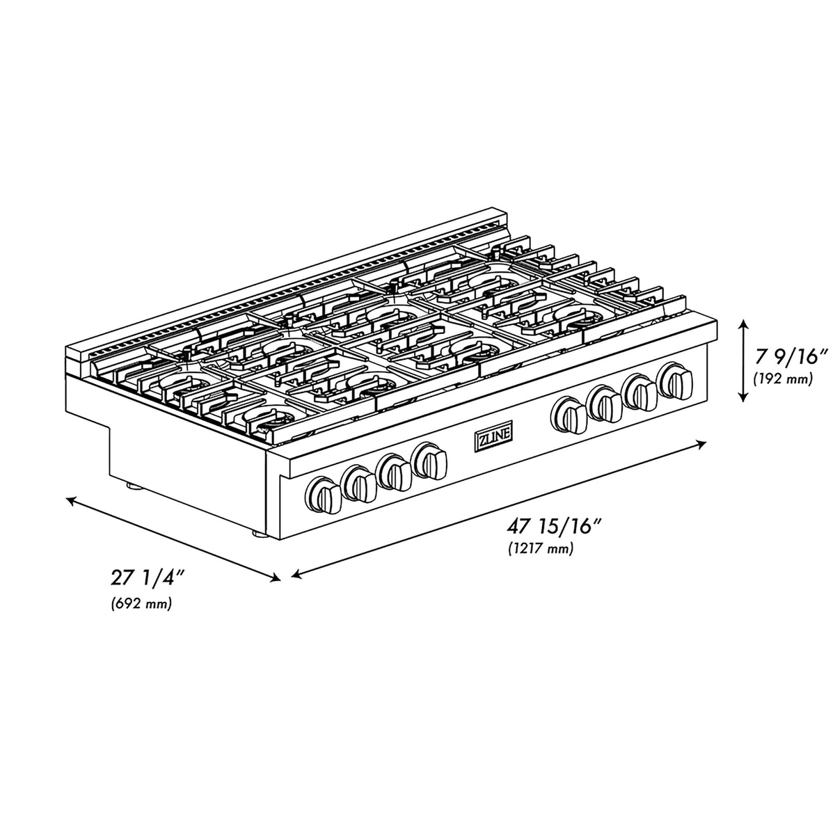 ZLINE - 48 in. Wide 8 Burner Paramount Gas Cooktop with DuoPro in Black Satin Stainless Steel (PSRTBS-48) - Black Satin Stainless Steel