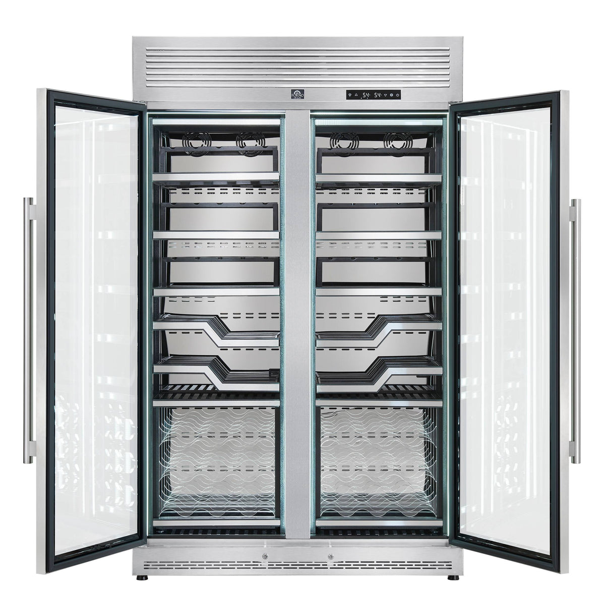 Forno Appliances - Abruzzo 102-Bottle Freestanding Dual Zone Wine Cellar with Clear Acrylic Holders & Stainless Trim Shelves - Stainless Steel