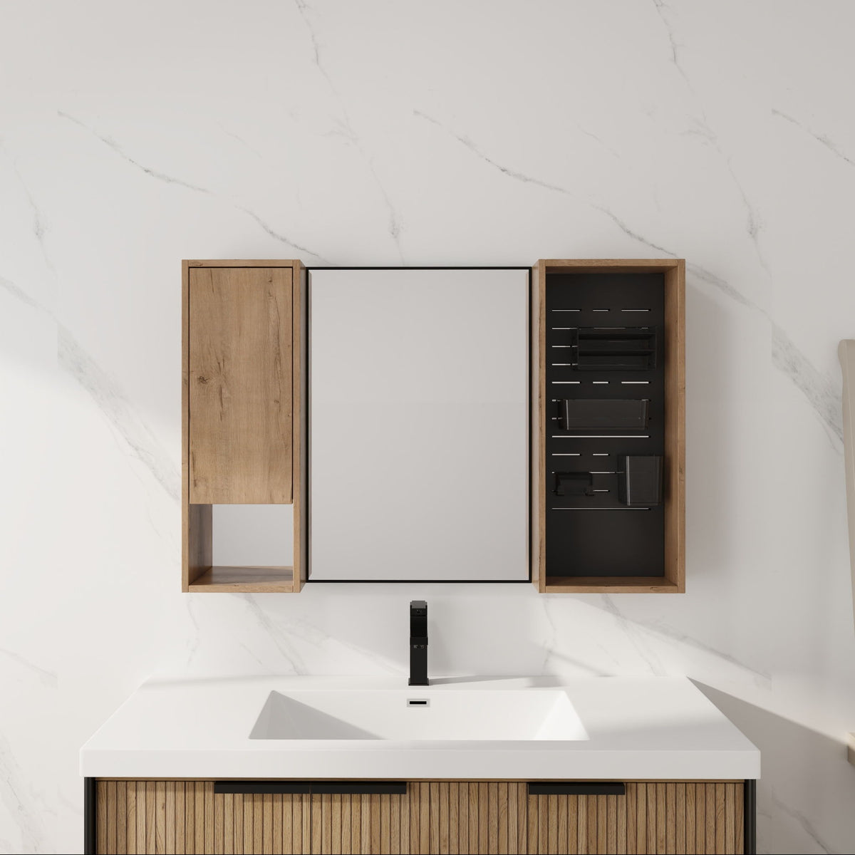 Armario de pared de 41.3" con almacenamiento, botiquín con puerta y estantes ajustables - Roble imitación