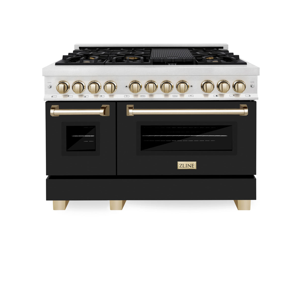 ZLINE - 48 in. Wide 7 Burner Autograph Legacy Dual Fuel Range in Satin Steel w/ Black & Gold Accents (RASZ-BLM-48-G) - Black Matte
