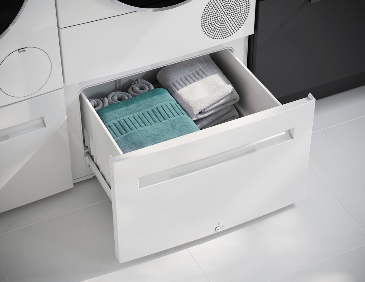 Laundry Pedestal with Storage Drawer for Bosch 300 and 500 Series Dryers - White