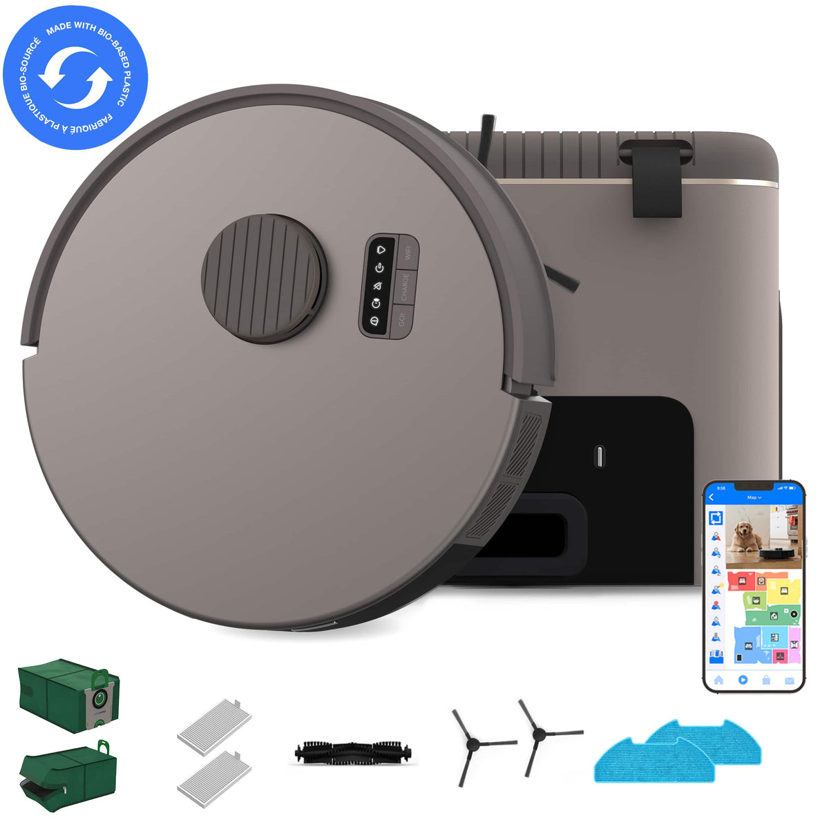 bObsweep - Bio Self-Empty Robot Vacuum & Mop w. 100-Day Dock, Reusable Activated Charcoal Odor Filtration Bags, Made of Bio-Plastic - Riverstone