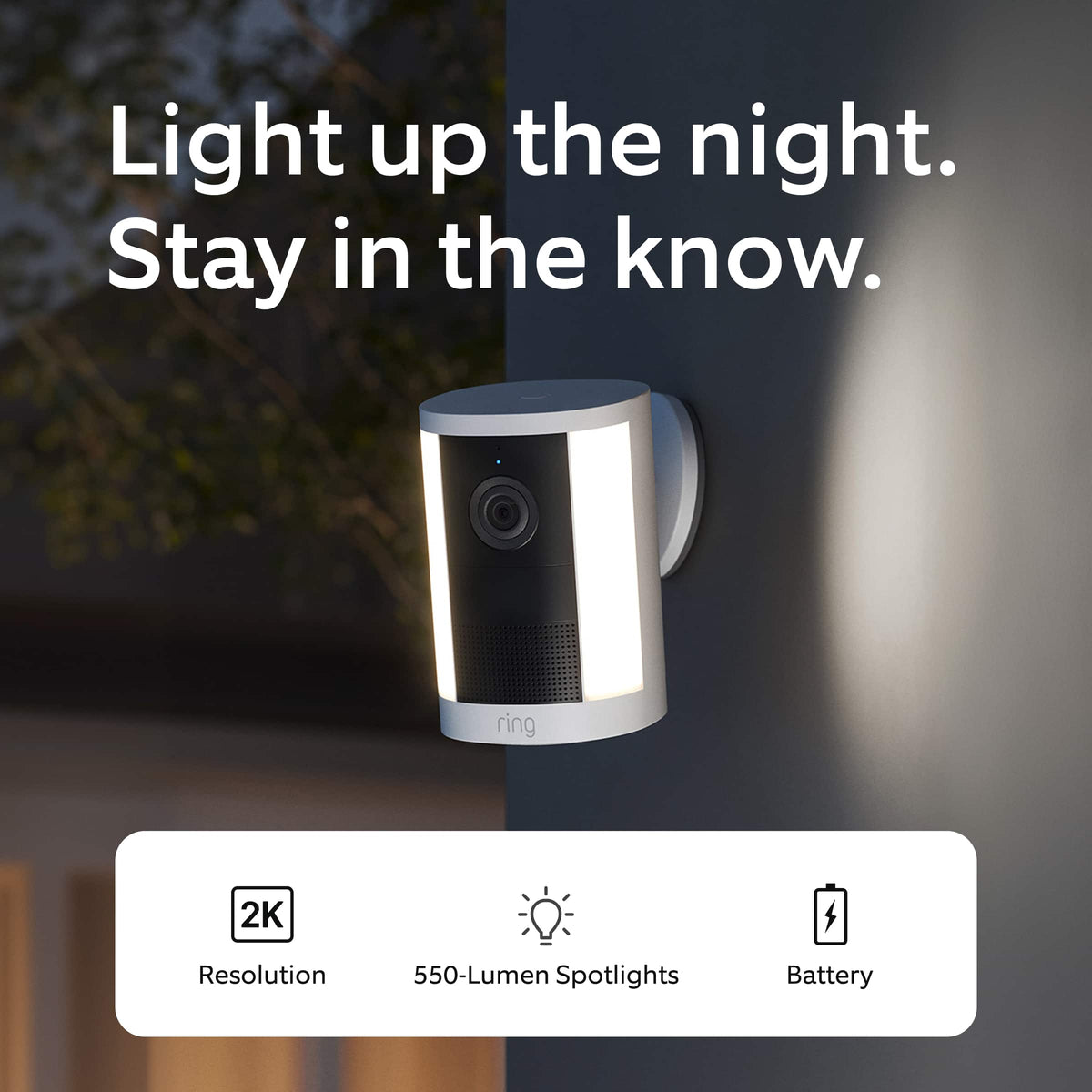 Ring - Spotlight Cam, Battery (newest model), Wide-Angle Retinal 2K Video, 6x Enhanced Zoom, Motion-Activated Spotlights - White