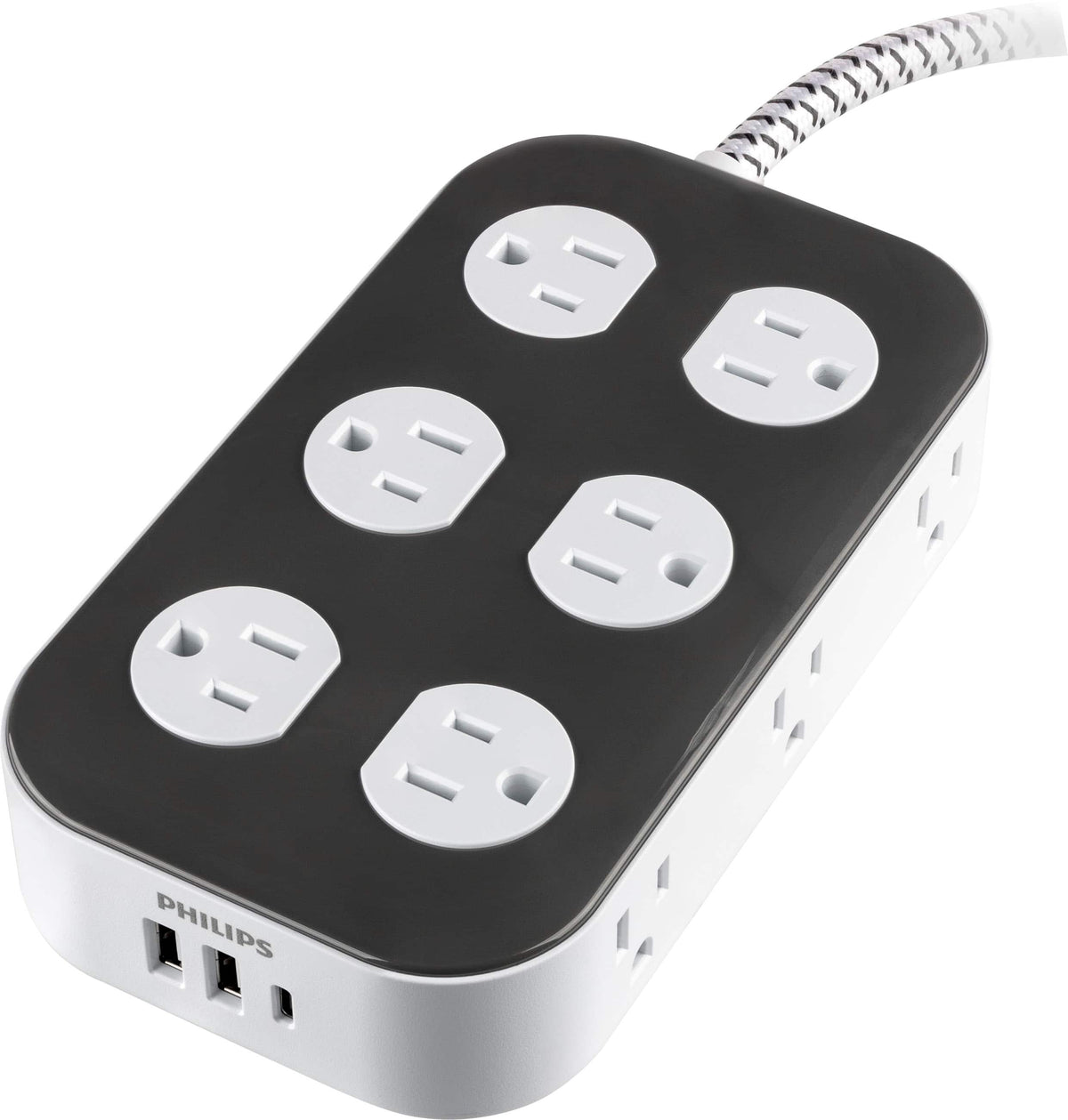 Philips - Surge Protector, 12 Outlet, 2 USB-A, 1 USB-C, 3000J, Braided Cord, 6ft - Dark Gray & Arctic White