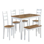 Juego de comedor de 6 piezas: mesa con 4 sillas laterales y banco - Marrón claro / Blanco