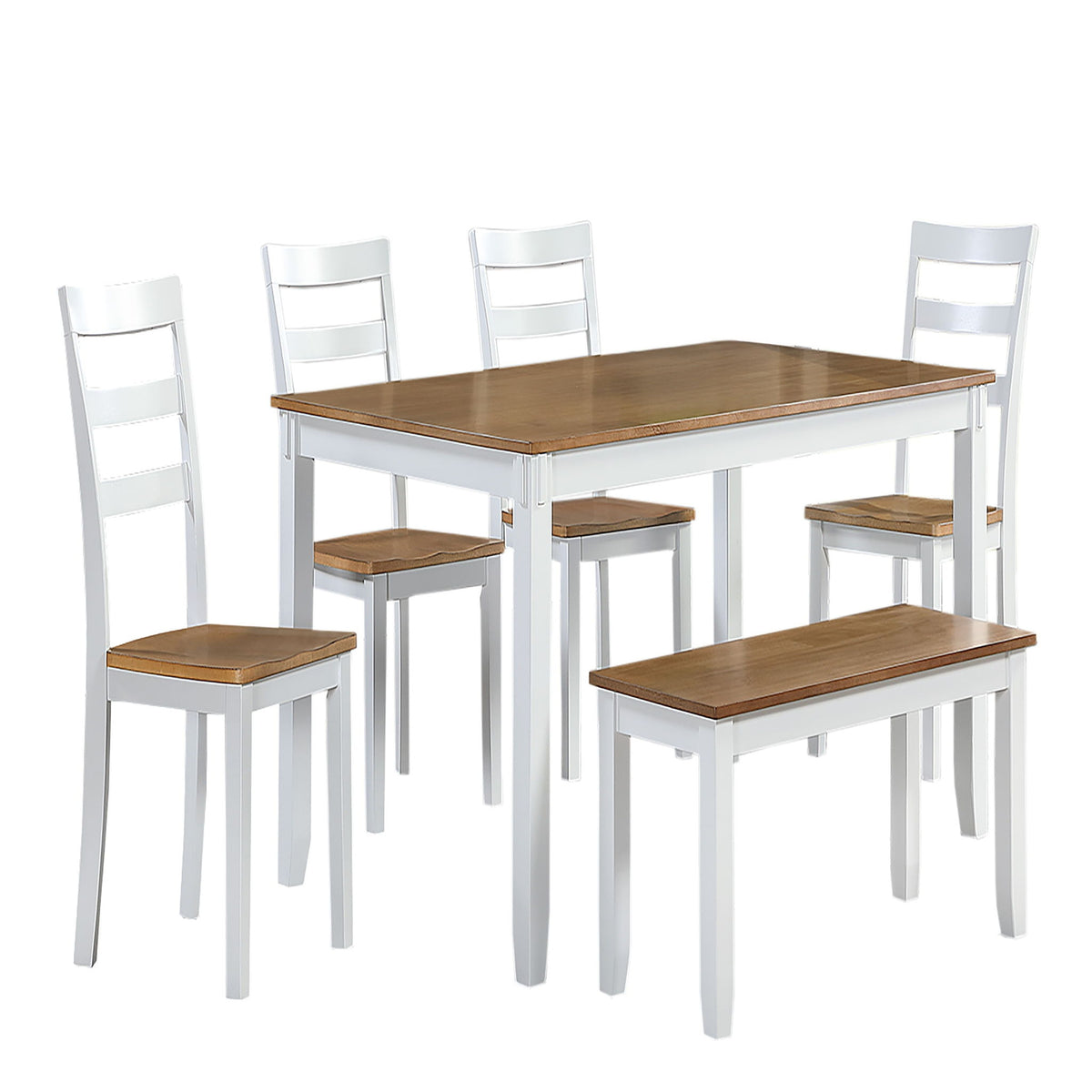Juego de comedor de 6 piezas: mesa con 4 sillas laterales y banco - Marrón claro / Blanco