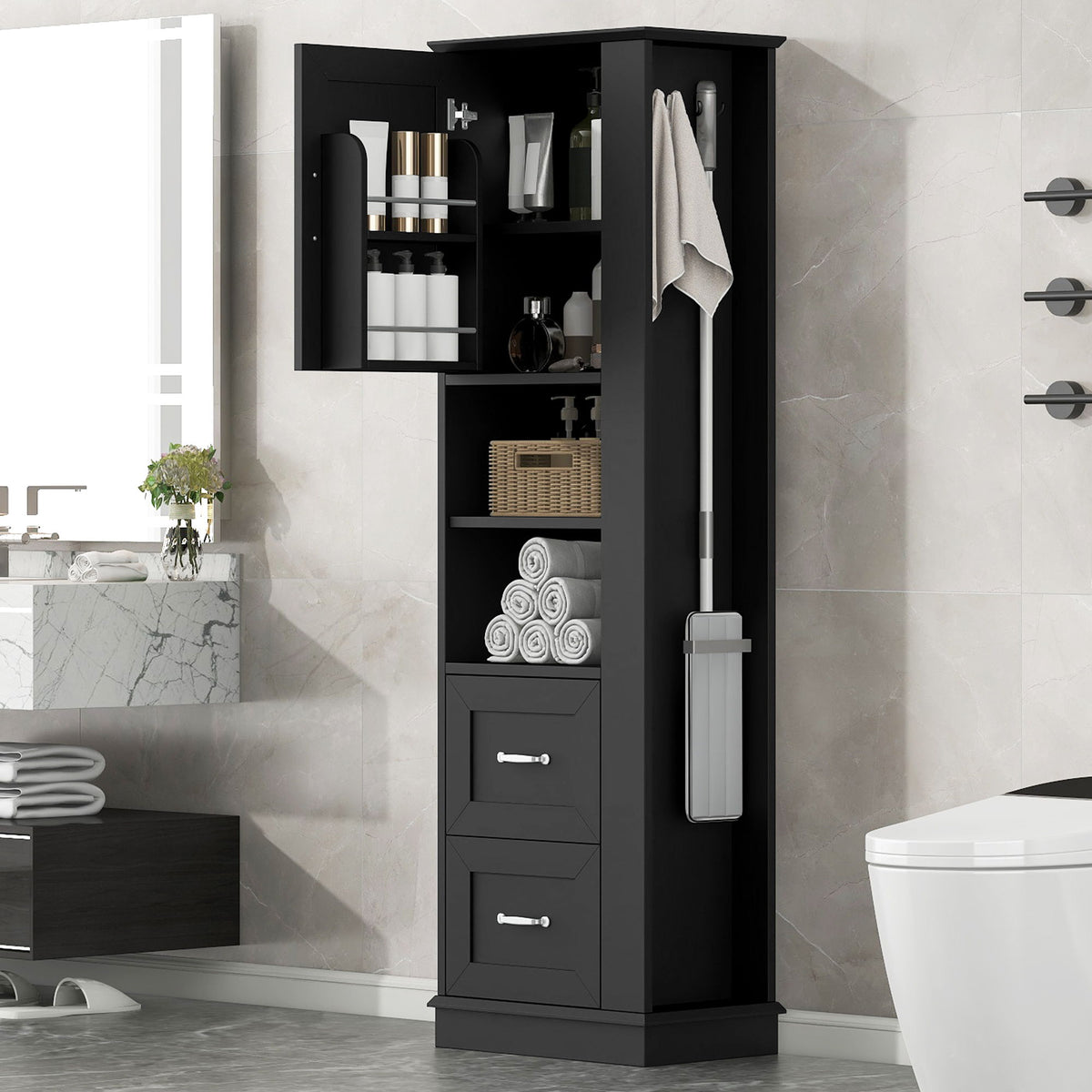 Armario de almacenamiento de baño independiente con estantes ajustables y panel de ganchos laterales, diseño rectangular