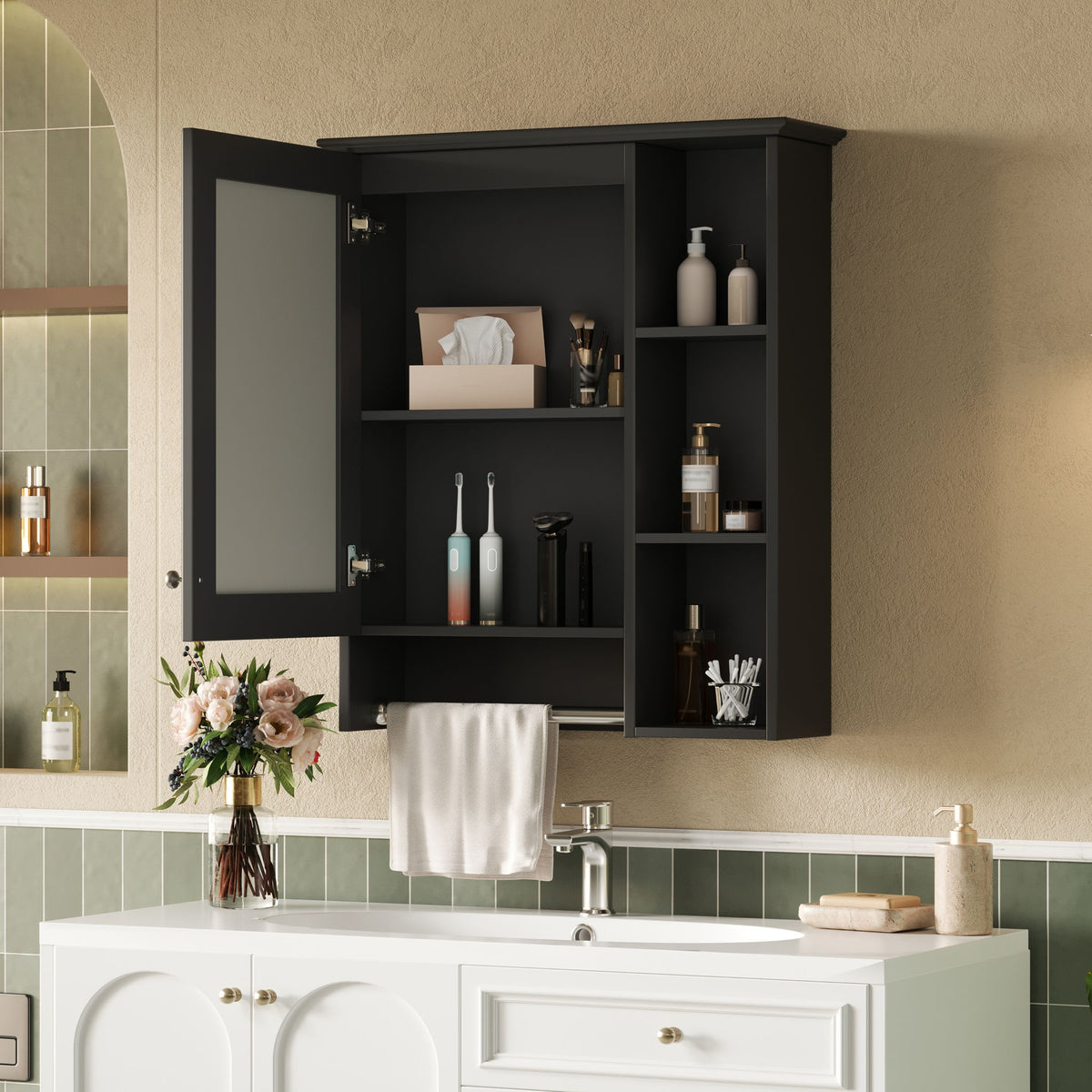 Modern 3 In 1 Bathroom Mirror Cabinet With Adjustable Shelf & Towel Bar