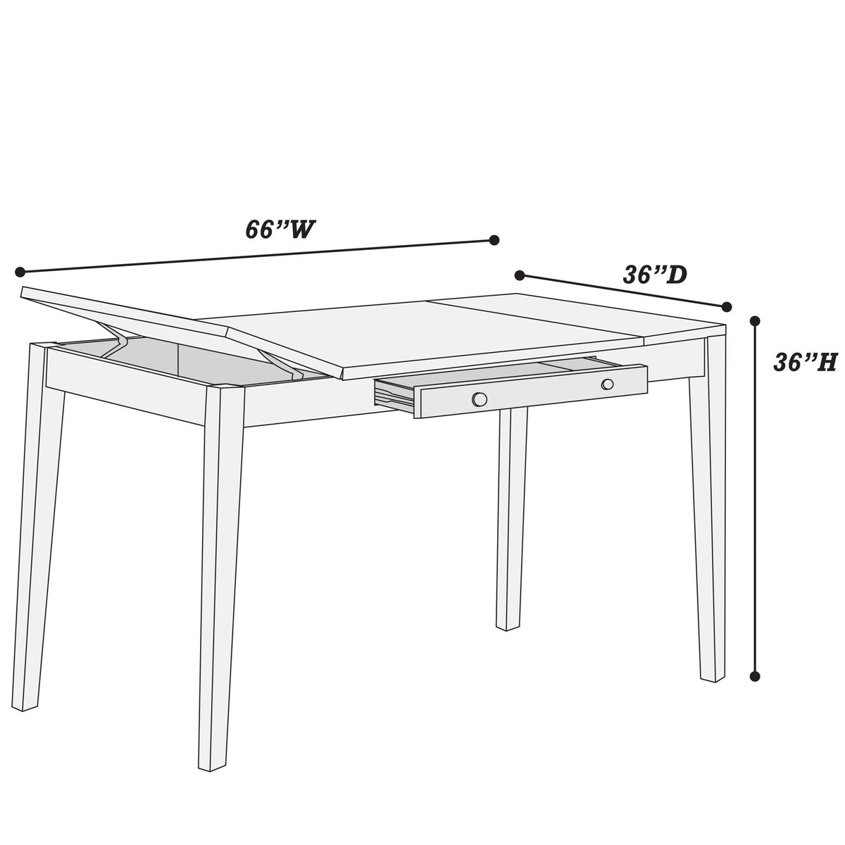 Mesa de comedor de altura de mostrador con cubierta elevable, almacenamiento y cajón frontal - Nogal