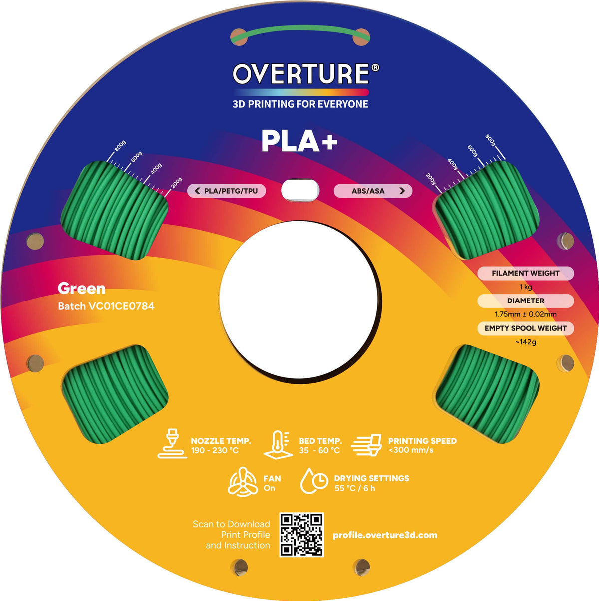 Overture - 1.75 mm PLA+ 3D Printer Filament - Green