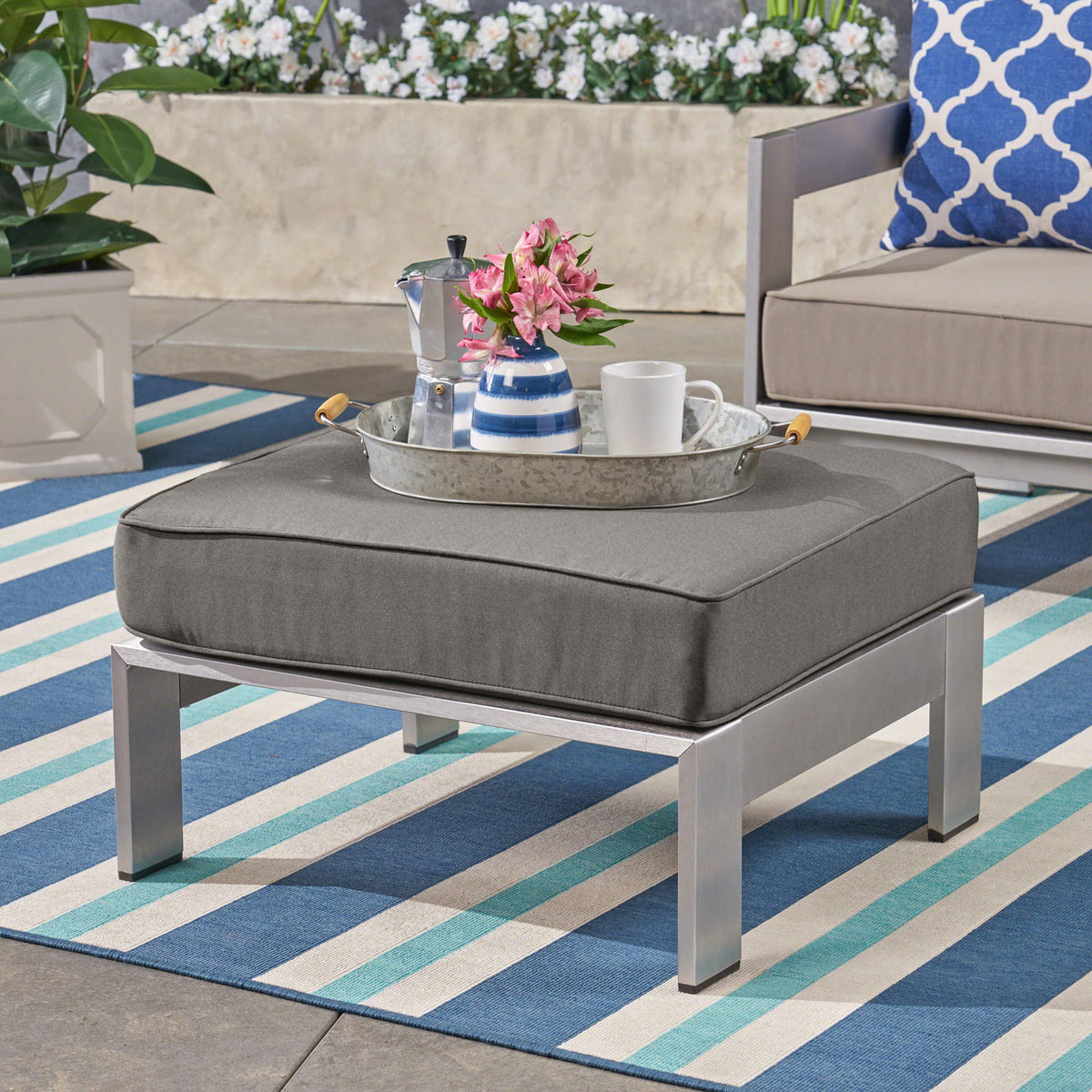 Outdoor Aluminum Ottoman With Cushion - Khaki