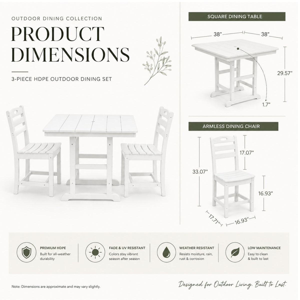 Juego de comedor para patio exterior, mesa cuadrada con orificio para sombrilla y sillas sin brazos
