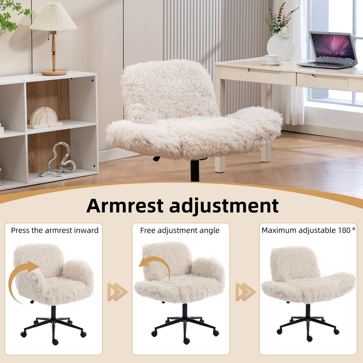 Silla Giratoria con Reposabrazos Ajustables y Ruedas para Oficina en Casa - Beige