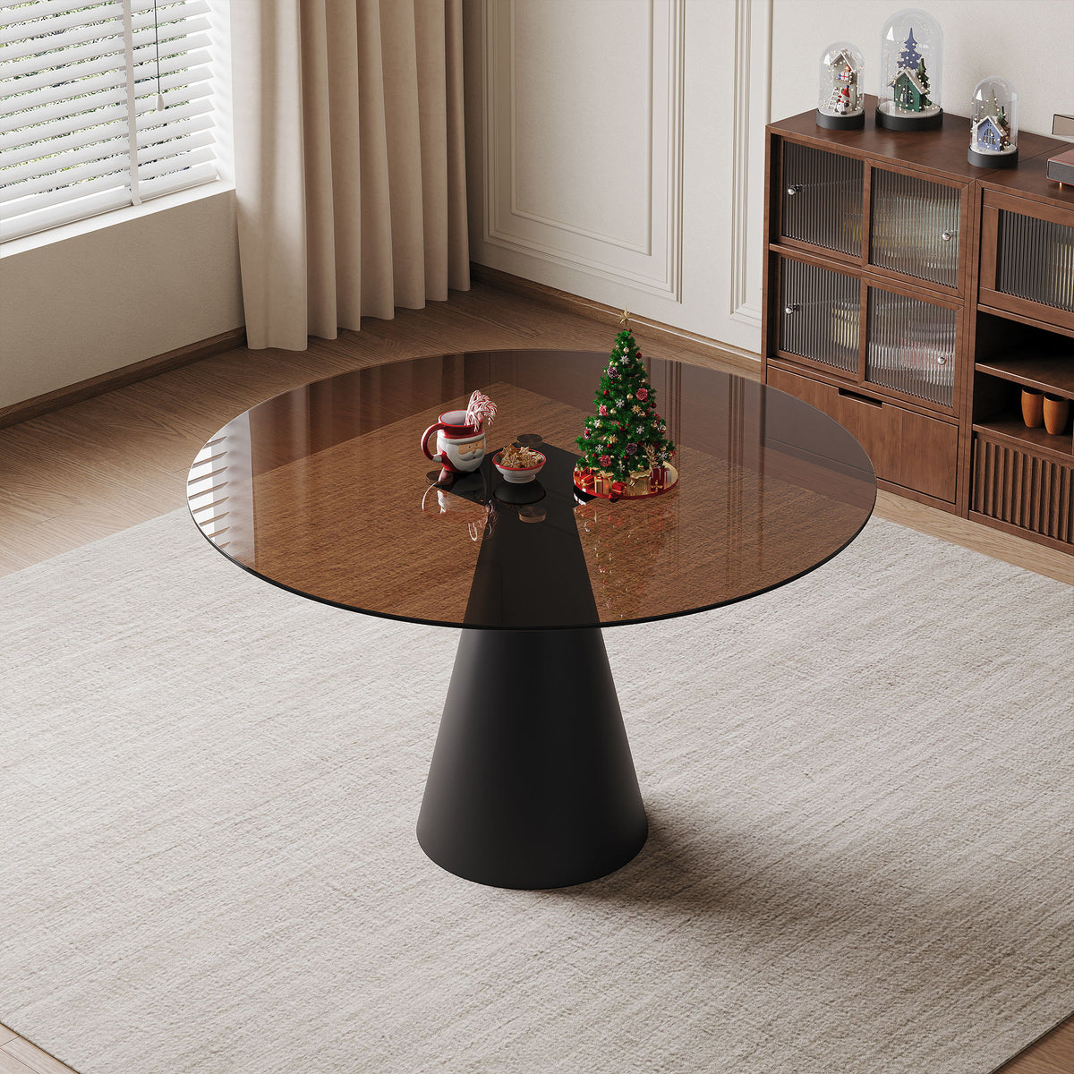 Mesa de comedor redonda y superficie de vidrio templado - Negro / Marrón