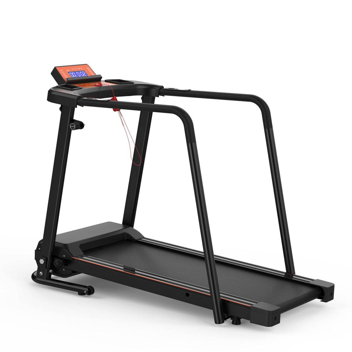 Cinta de correr doméstica con pasamanos extendidos, diseño plegable portátil - Negro / Naranja