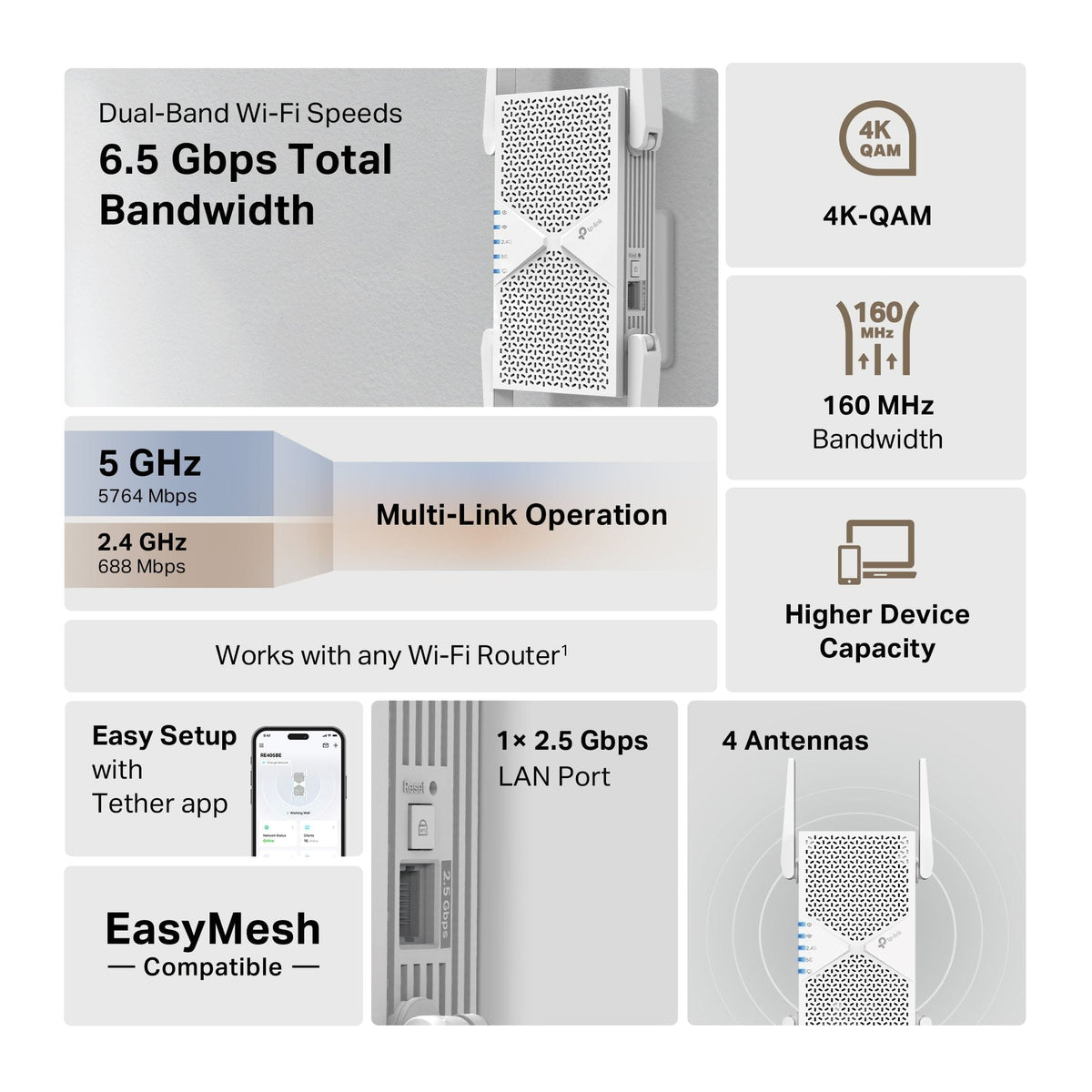 TP-Link - BE6500 Wi-Fi 7 Range Extender - White