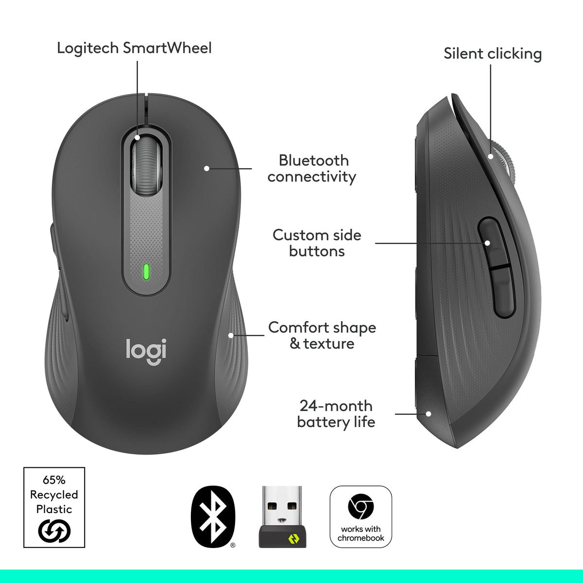 Logitech - Signature M650 L Full-size Wireless Optical Scroll Mouse with Silent Clicks - Wireless - Graphite