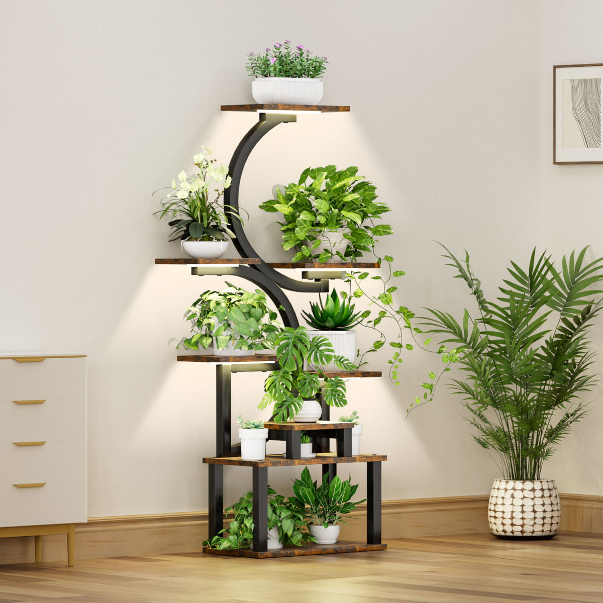 Estantería de 8 niveles para plantas de interior con 5 luces de crecimiento para sala de estar - Marrón rústico