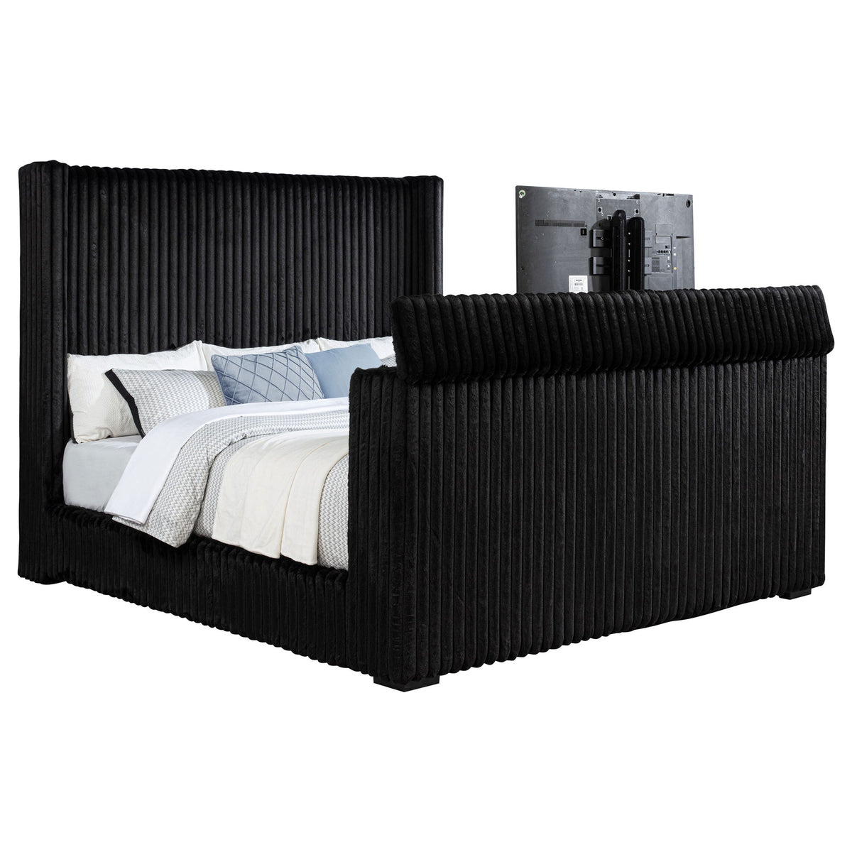 Lyman - Cama con TV, cabecero orejero y elevador de TV integrado con regleta - Negro
