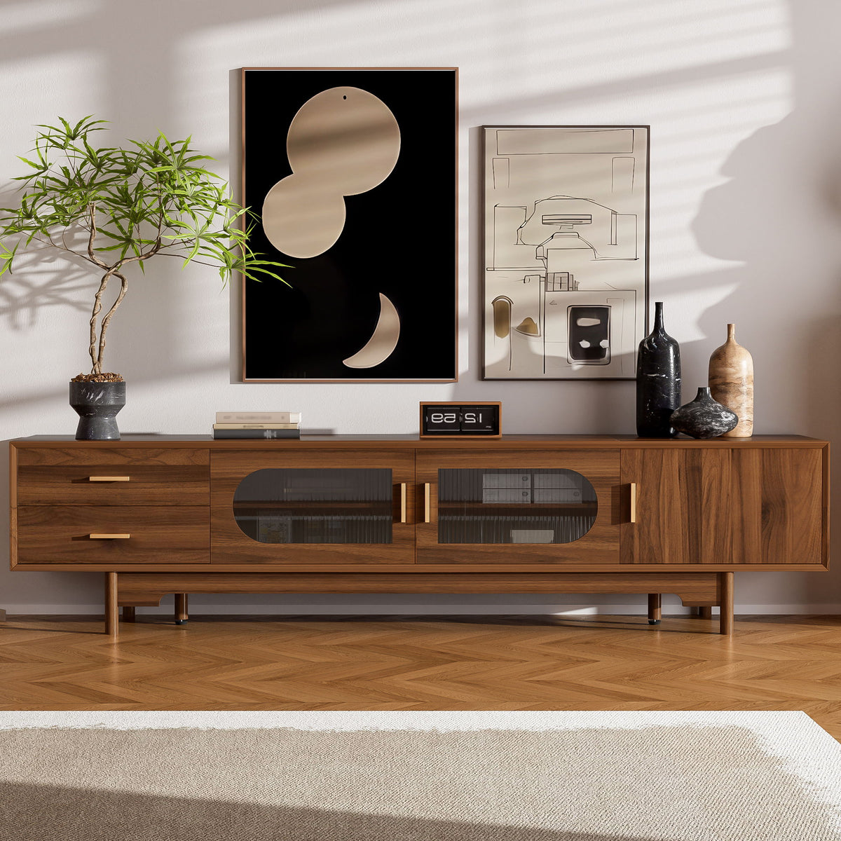 Mueble de TV moderno con puertas de cristal estriado y 2 cajones