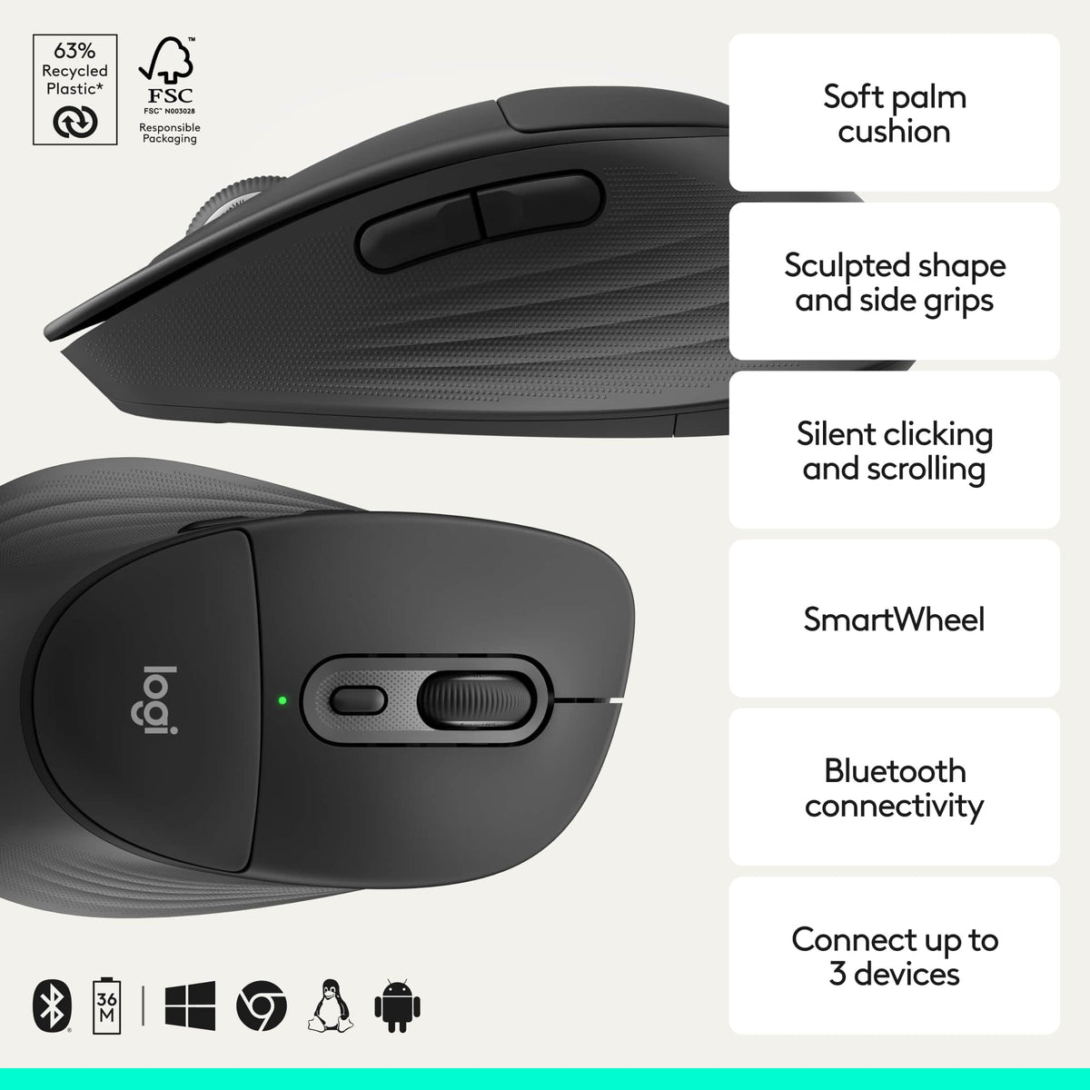 Logitech - Signature Comfort Plus M850 L Wireless Bluetooth Mouse with Silent Clicks and Customizable Buttons - Wireless - Black