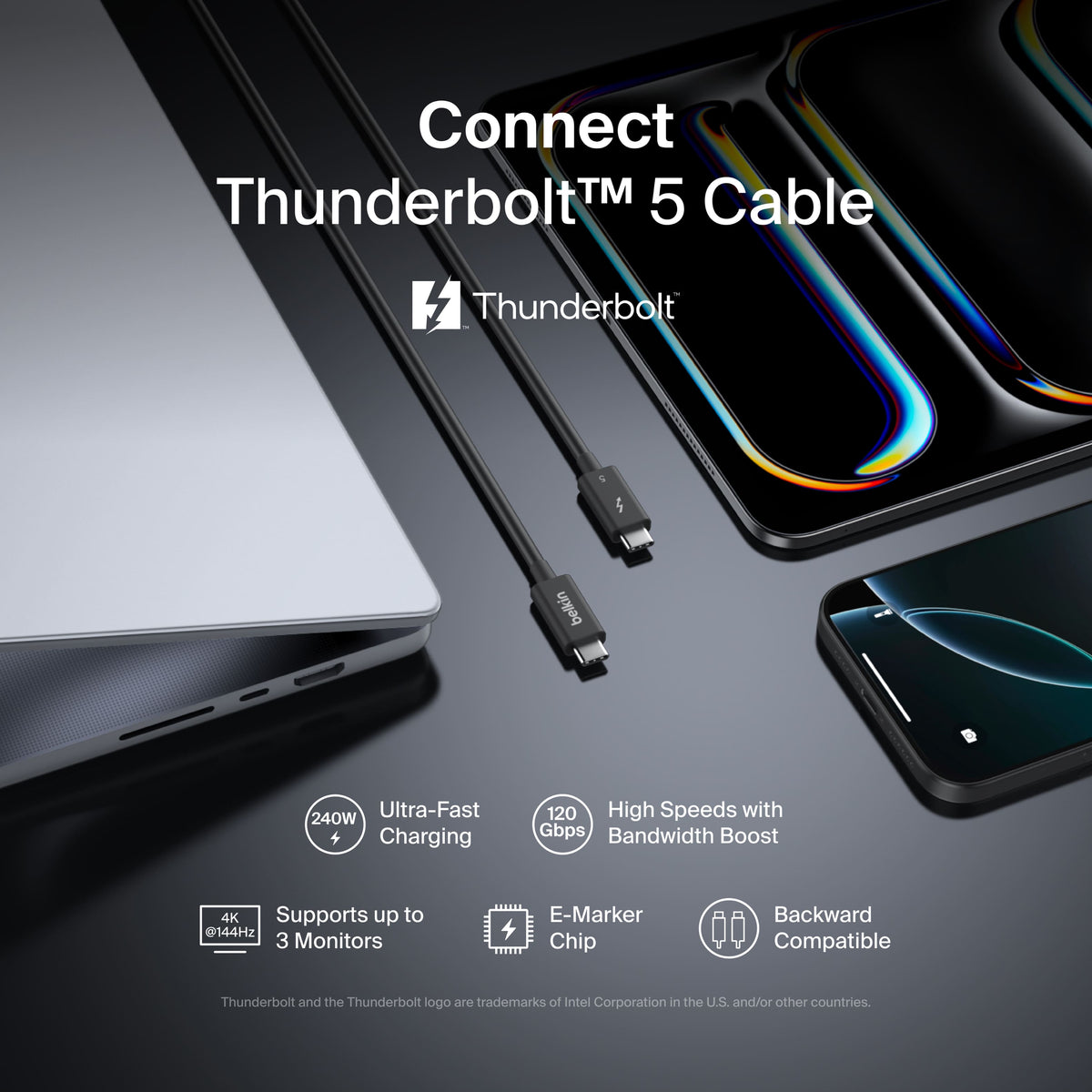 Belkin - 3.3ft USB-C Thunderbolt 5 Cable w/ 240W Power Delivery, Bandwidth Boost Up to 120Gbps, and 4K UHD Display Resolution - Black