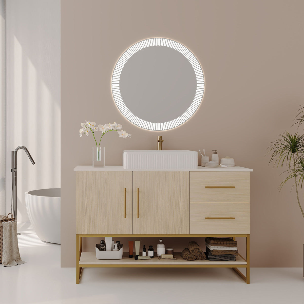 Tocador de baño con lavabo de sobreponer y gabinete independiente - Roble blanco americano / Oro / Blanco