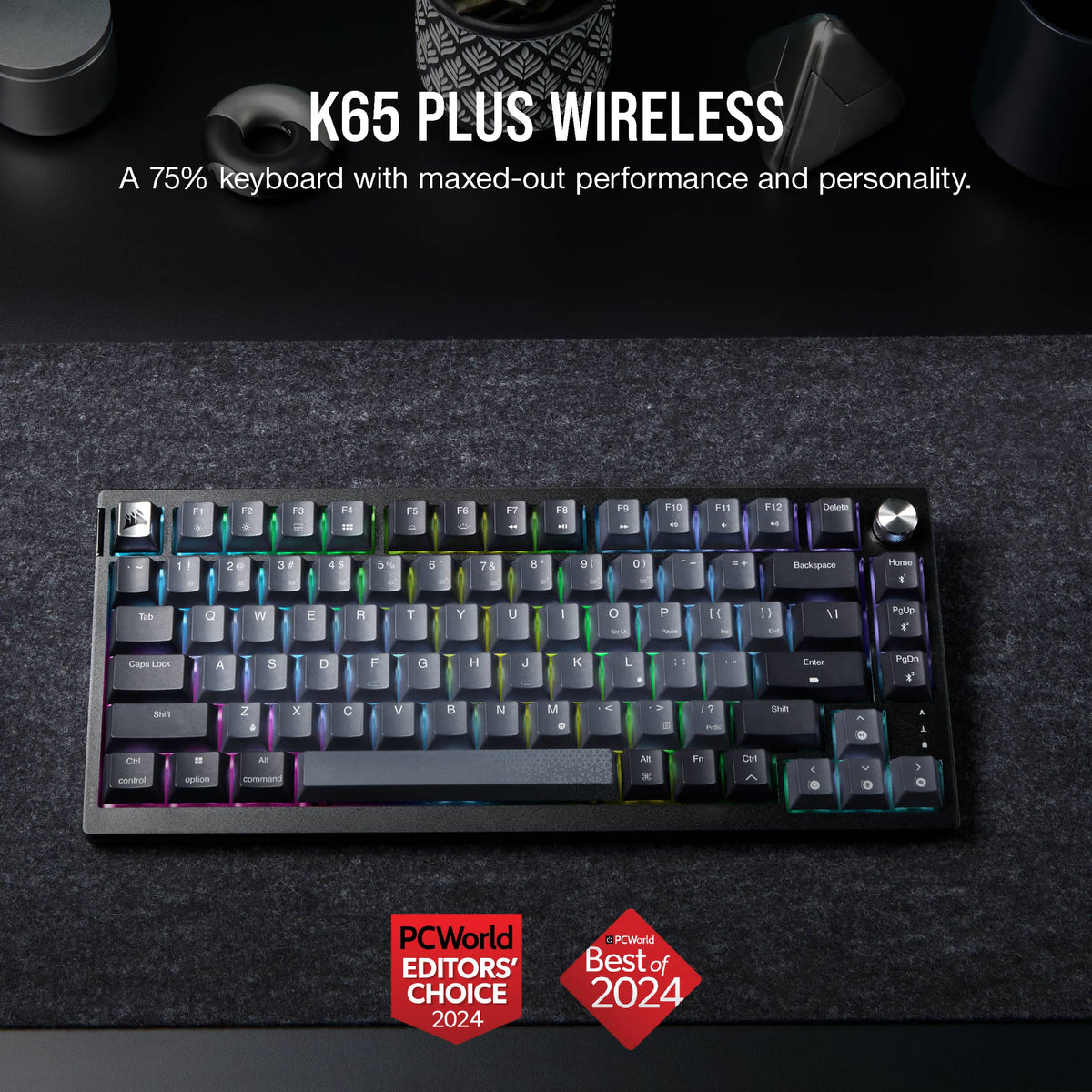 CORSAIR - K65 PLUS RGB 75% Wireless Mechanical Pre-Lubricated MLX Red Linear Switch Gaming Keyboard with Hot-Swappable Switches - Black/Gray