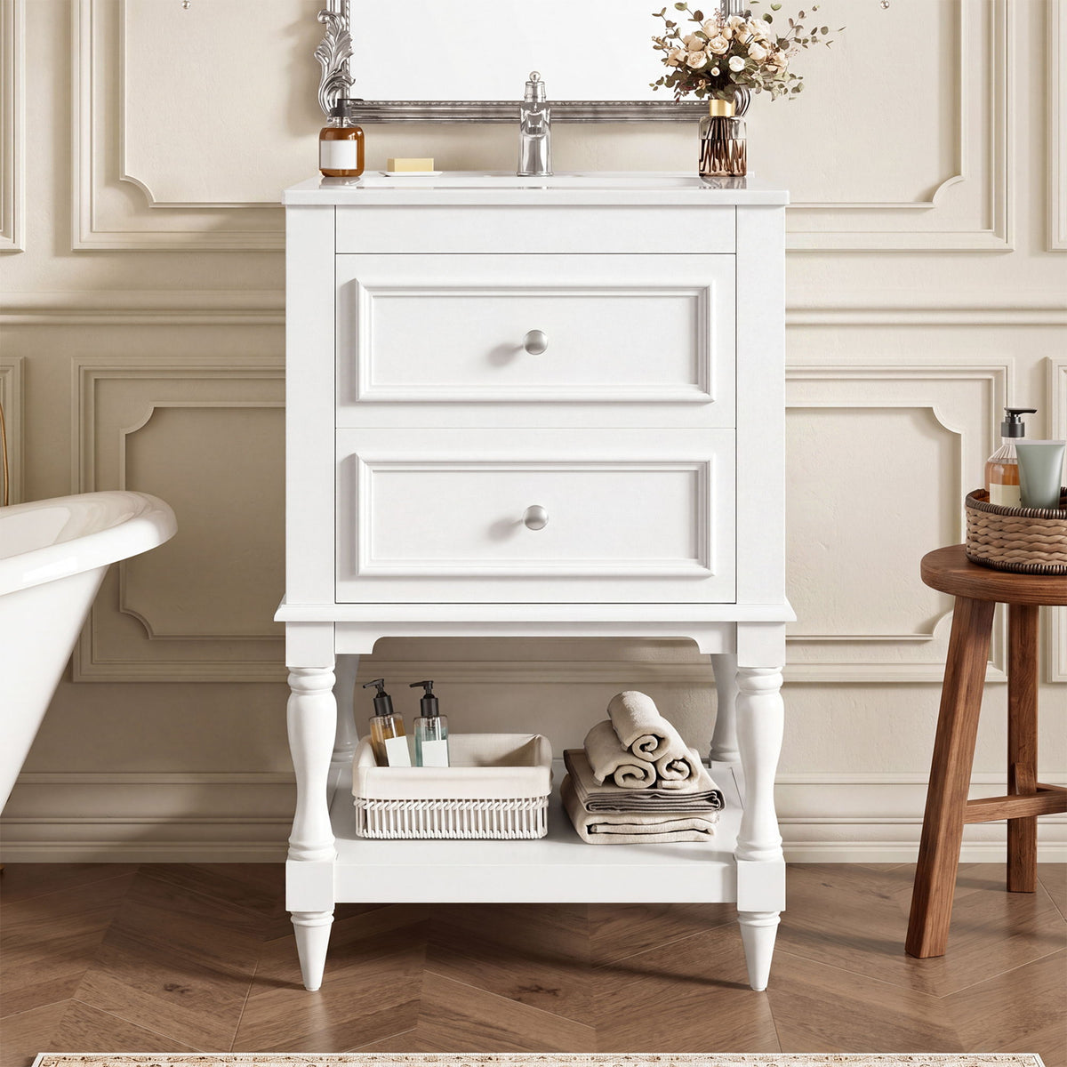 Tocador de baño de diseño retro con lavabo y gabinete de almacenamiento de 2 cajones