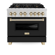 ZLINE - 36 in. Wide 6 Burner Autograph Legacy Dual Fuel Range in Satin Steel w/ Black & Gold Accents (RASZ-BLM-36-G) - Black Matte