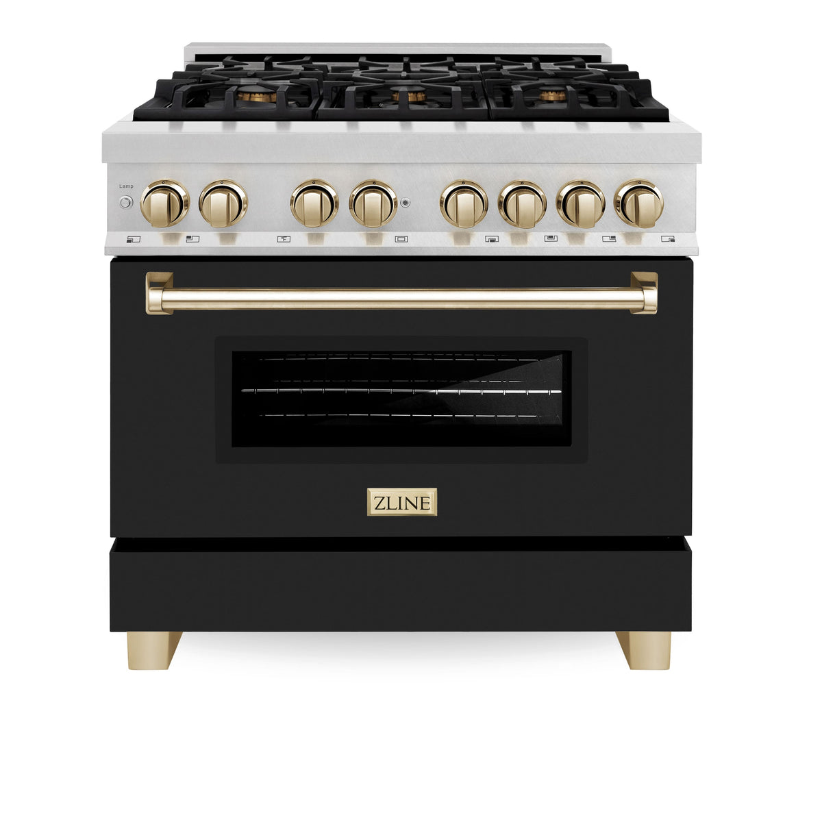 ZLINE - 36 in. Wide 6 Burner Autograph Legacy Dual Fuel Range in Satin Steel w/ Black & Gold Accents (RASZ-BLM-36-G) - Black Matte
