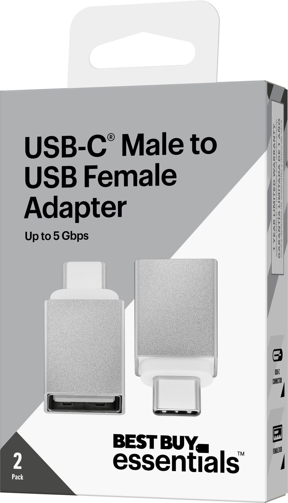 Best Buy essentials™ - Female USB to Male USB-C Adapter (2-Pack) - Silver