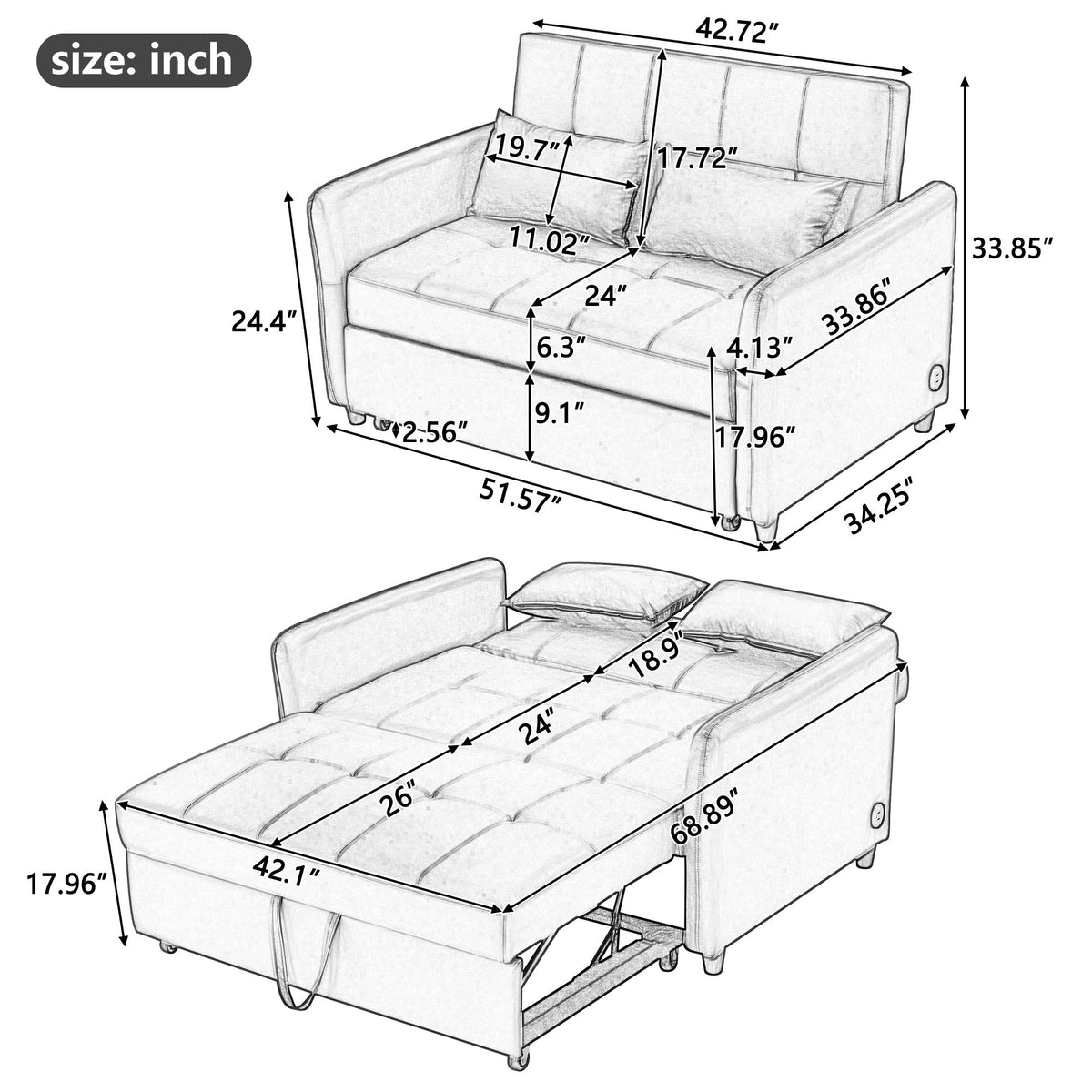 Sofá cama convertible con 3 puertos USB
