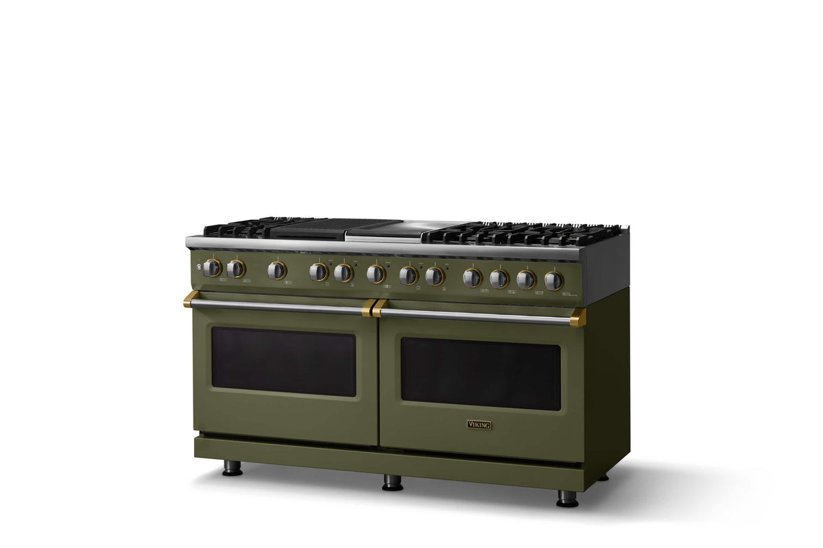 Viking - 60"W. 8 Burner Pro 5 Series 9.4 Cu. Ft. Freestanding Sealed LP Dual Fuel ConvectionRange with Brushed Brass Trim - Martini