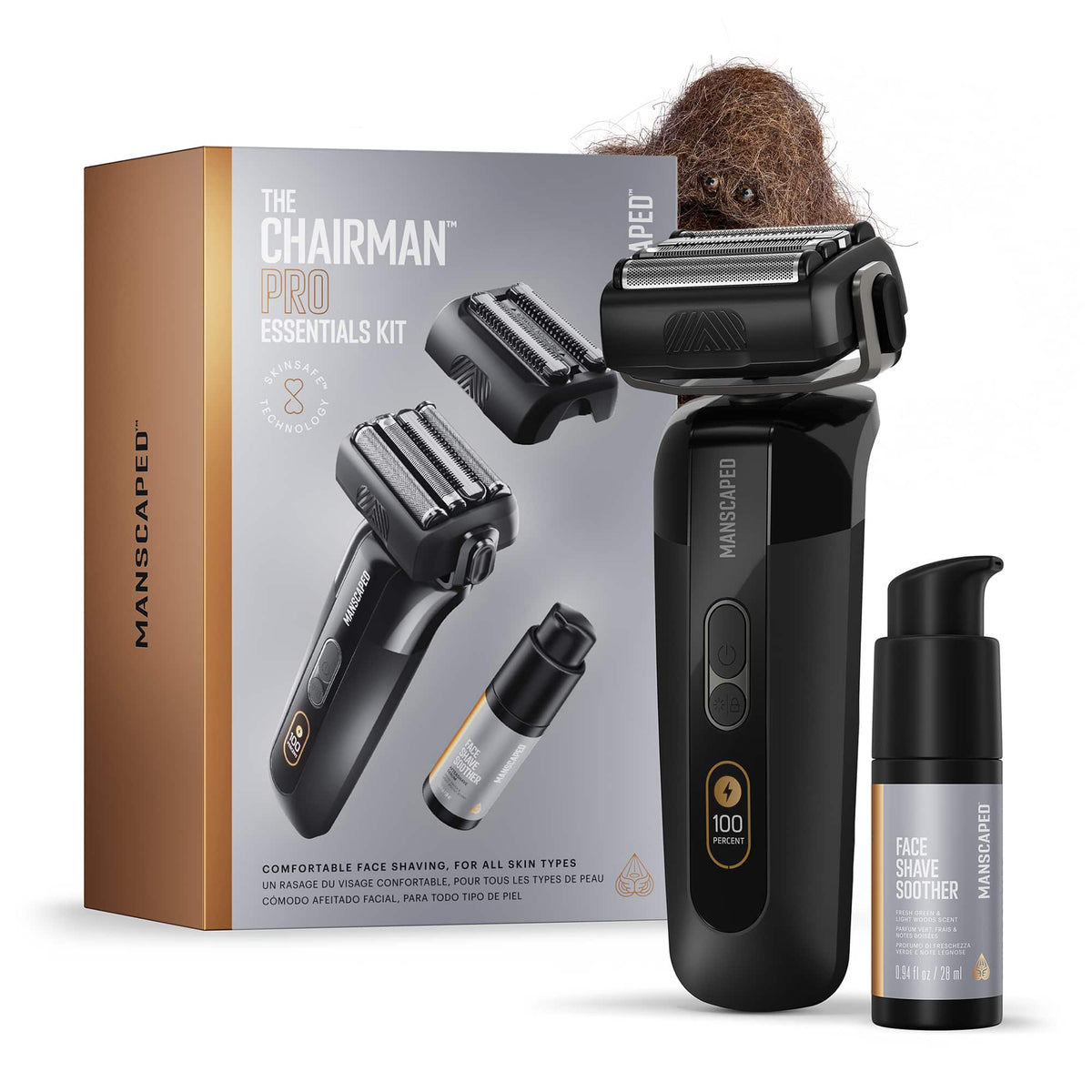 Manscaped - The Chairman Pro Essentials Kit Rechargeable Wet/Dry Electric Foil Face Shaver and SkinSafe Stubble Trimmer - Black