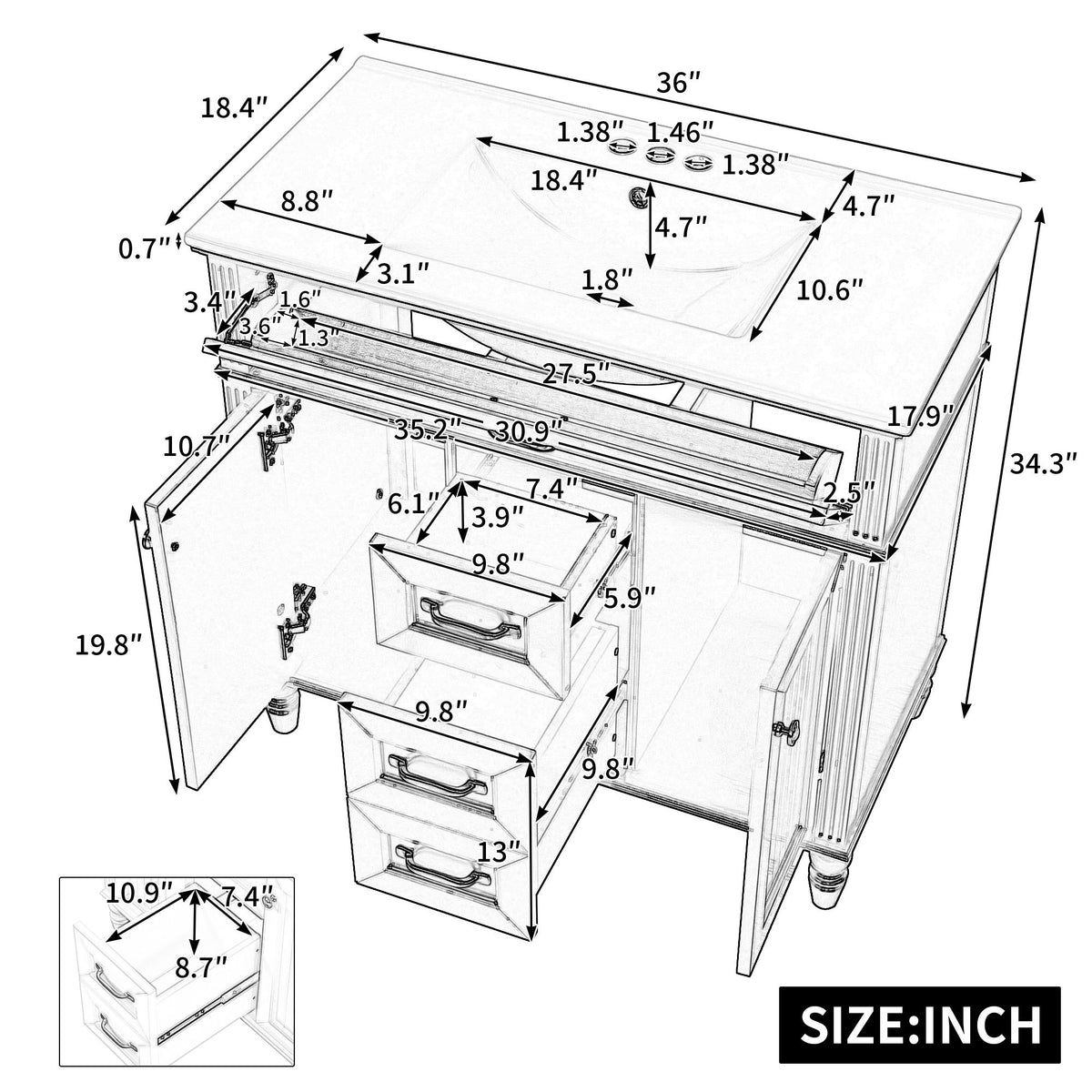 Mueble de baño con lavabo, cajón superior abatible, puertas de cierre suave, 2 cajones de almacenamiento