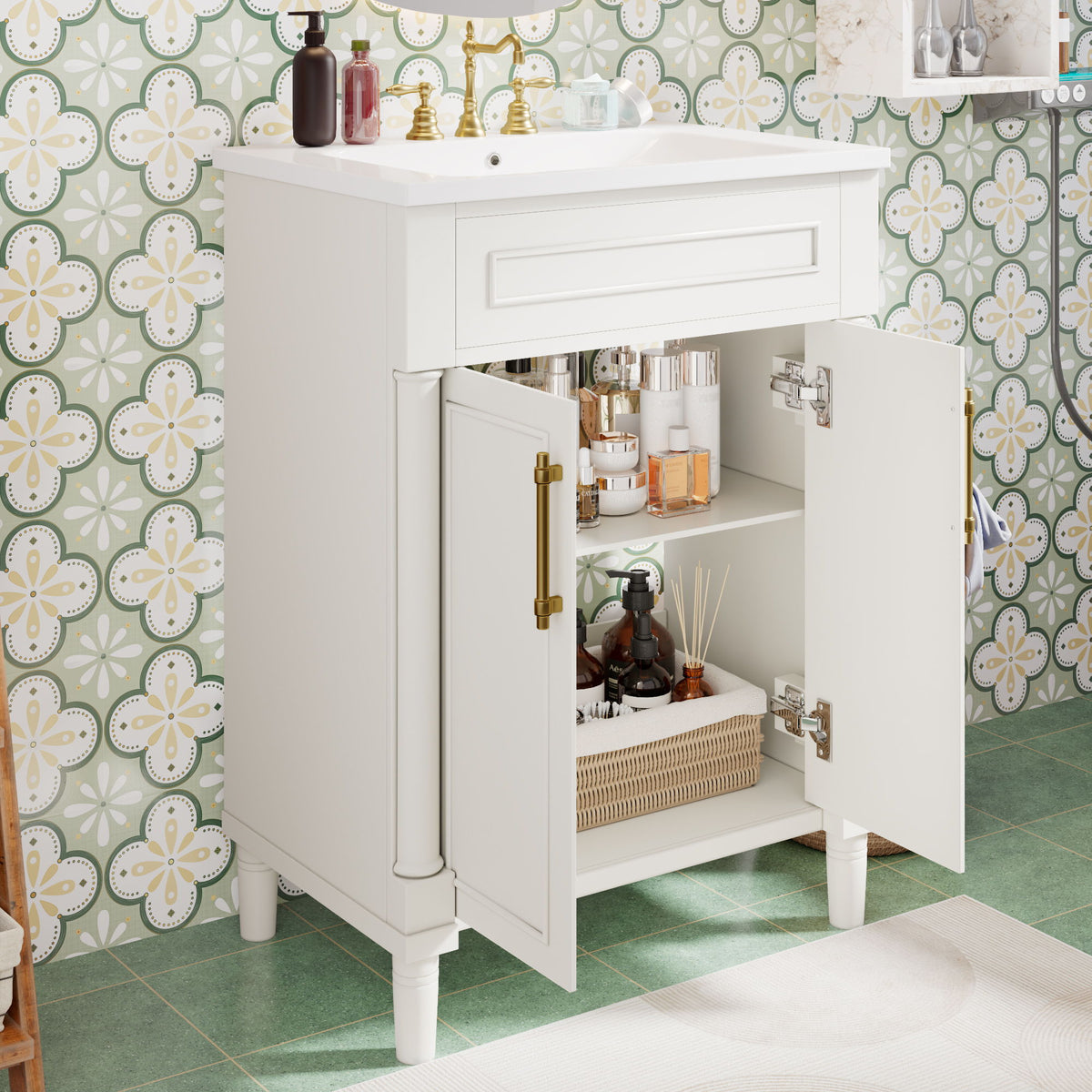 Bathroom Vanity With Integrated Sink, 2 Door Cabinet, Single Sink For Small To Medium Bathrooms