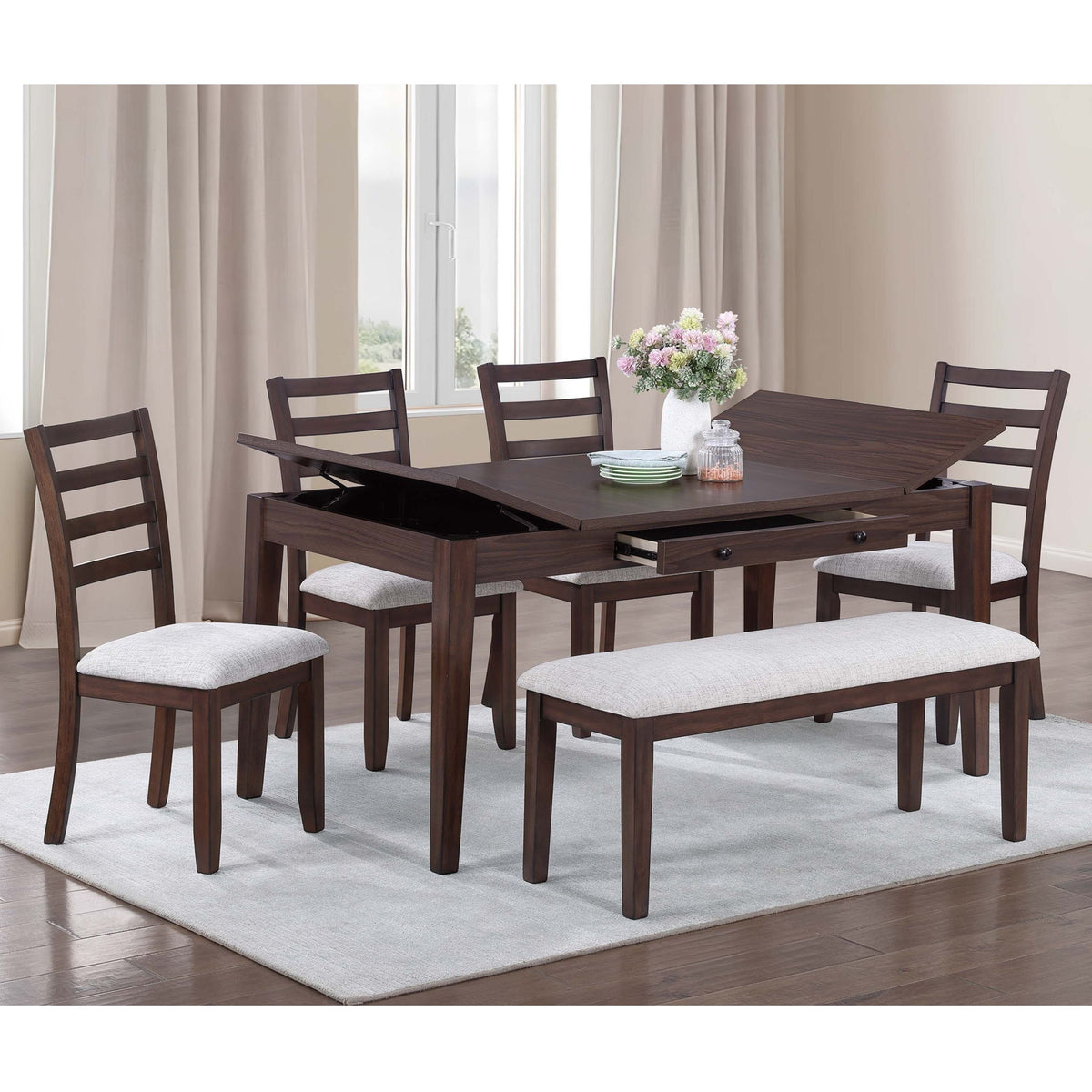 Juego de comedor de 6 piezas: mesa con almacenamiento, sillas con respaldo de escalera y banco - Nogal