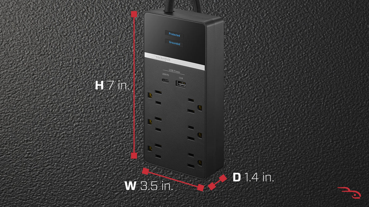 Rocketfish™ - 6-Outlet 2160 Joules Surge Protector with USB and USB-C - Black