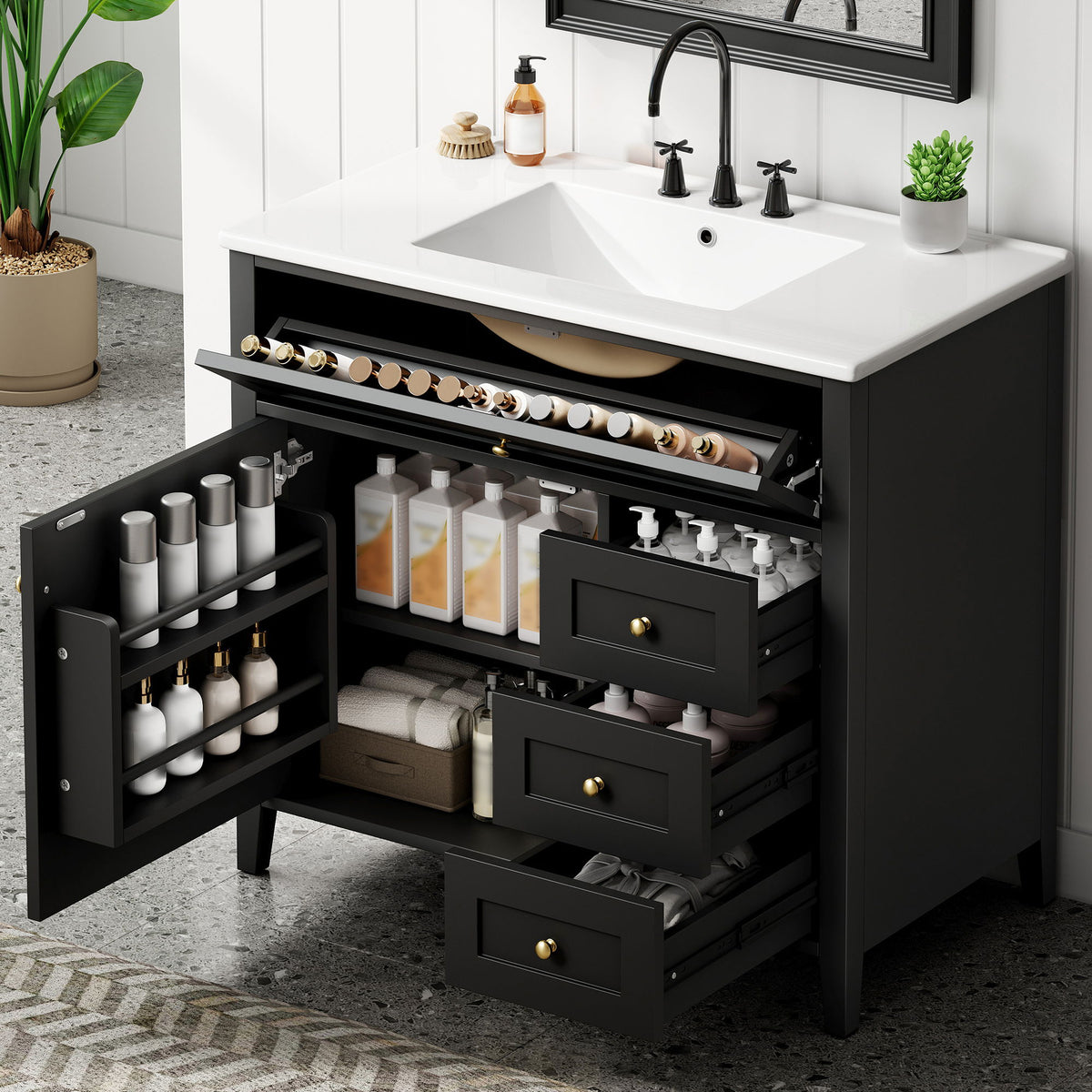 Tocador de baño con lavabo, mueble con 3 cajones y estante ajustable