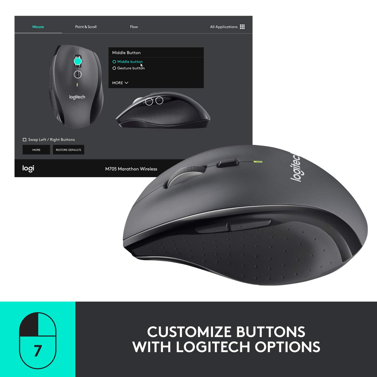 Logitech - M705 Marathon Wireless Optical Mouse with 5 Programmable Buttons - Wireless - Black