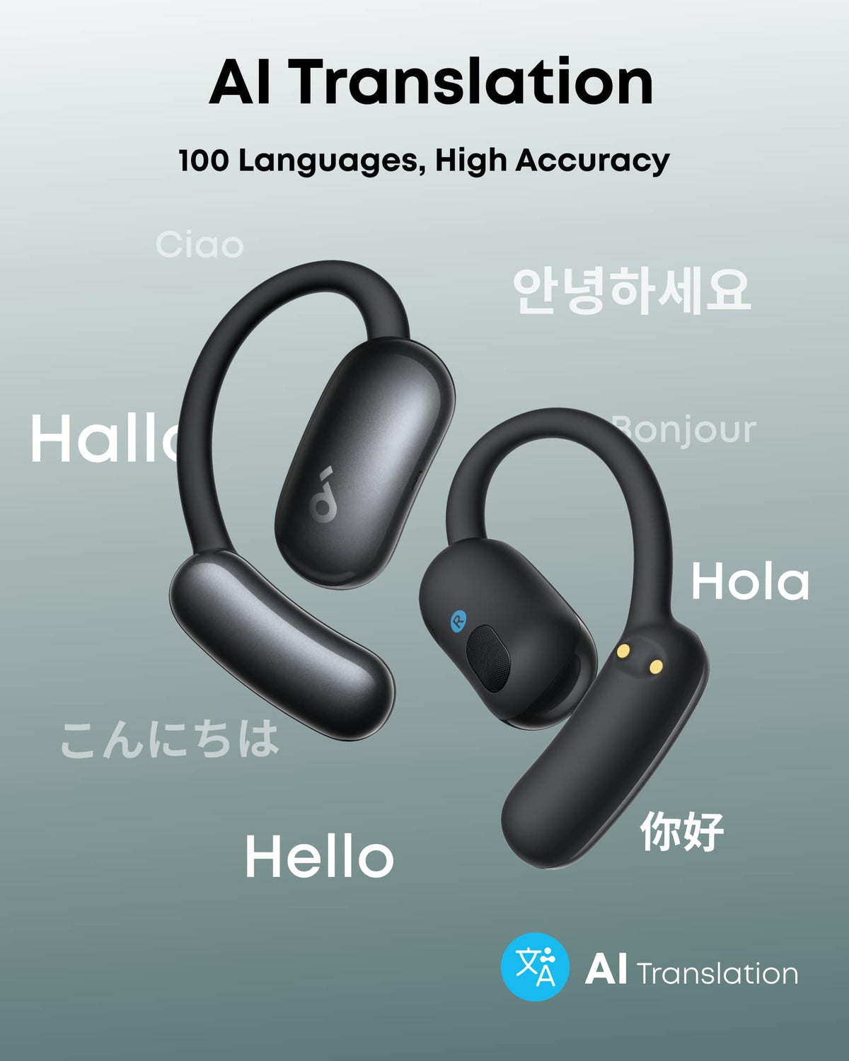 Soundcore - by Anker AeroFit 2 A.I. Assistant Open-Ear Bluetooth Headphones with Real-Time Translation and Adjustable Ear Hooks - Obsidian Black