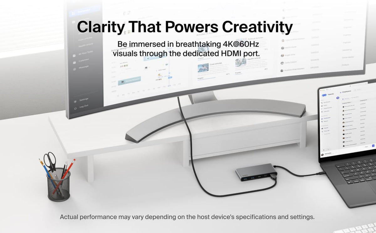 Belkin - 7-Port Hub w/ 4K HDMI Display @ 60Hz, 100W Power Delivery, Fast Data Transfer 5Gbps, USB-C Multiport Adapter - Space Gray