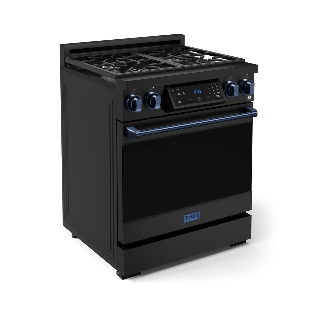 30 in. Wide 4 burner Gordon Ramsay Series by Thor Kitchen 4.55 Cu. Ft Freestanding LP Gas Range with Navy Blue Hardware - Black