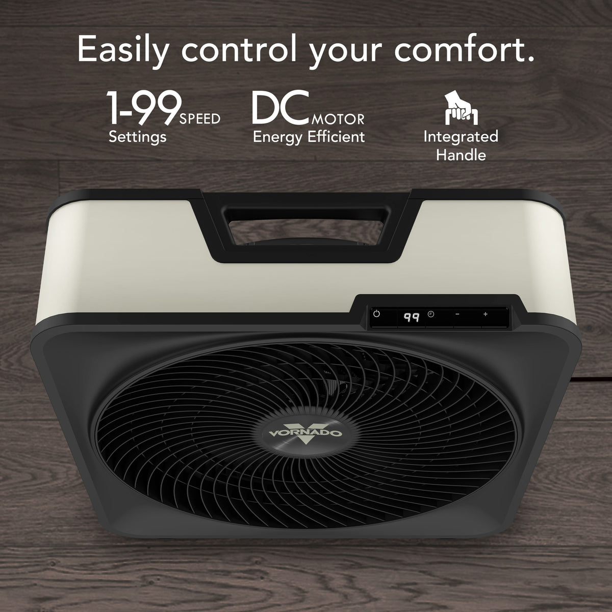 Vornado - Model 80X High Velocity Box Fan with Kick Stand, Digital Display, Removable Grille, 99 Speeds, 1-12 Hour Timer - Cool Grey