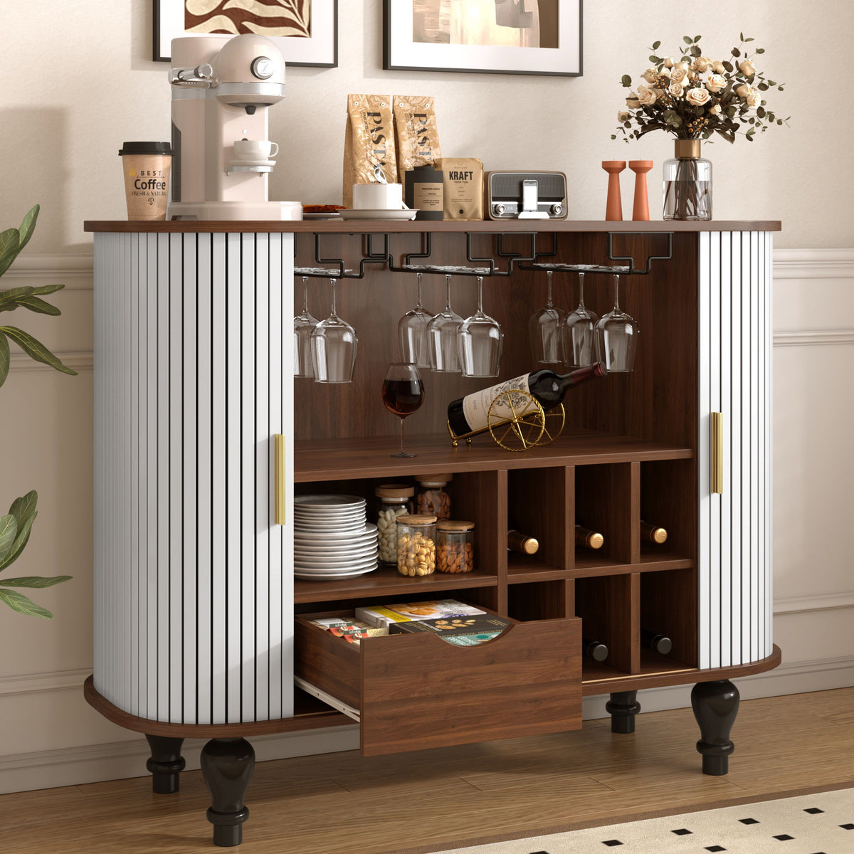 Mueble bar estriado para licores y café con 6 botelleros y 3 soportes para copas