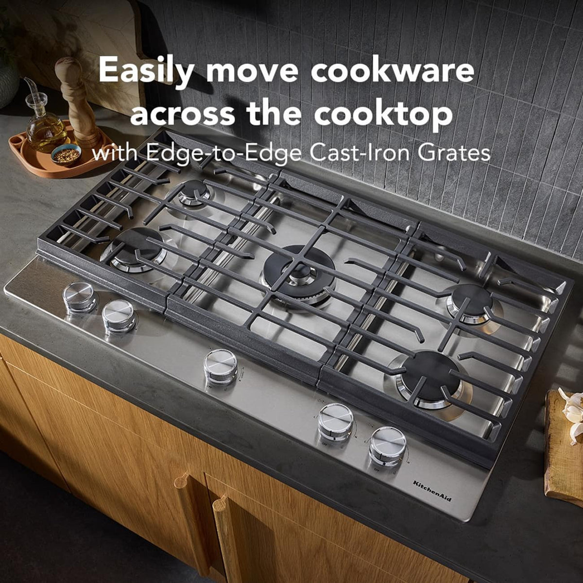 KitchenAid 36  in. Gas Cooktop with 5 Burners and Integrated Wok Grate - Stainless Steel