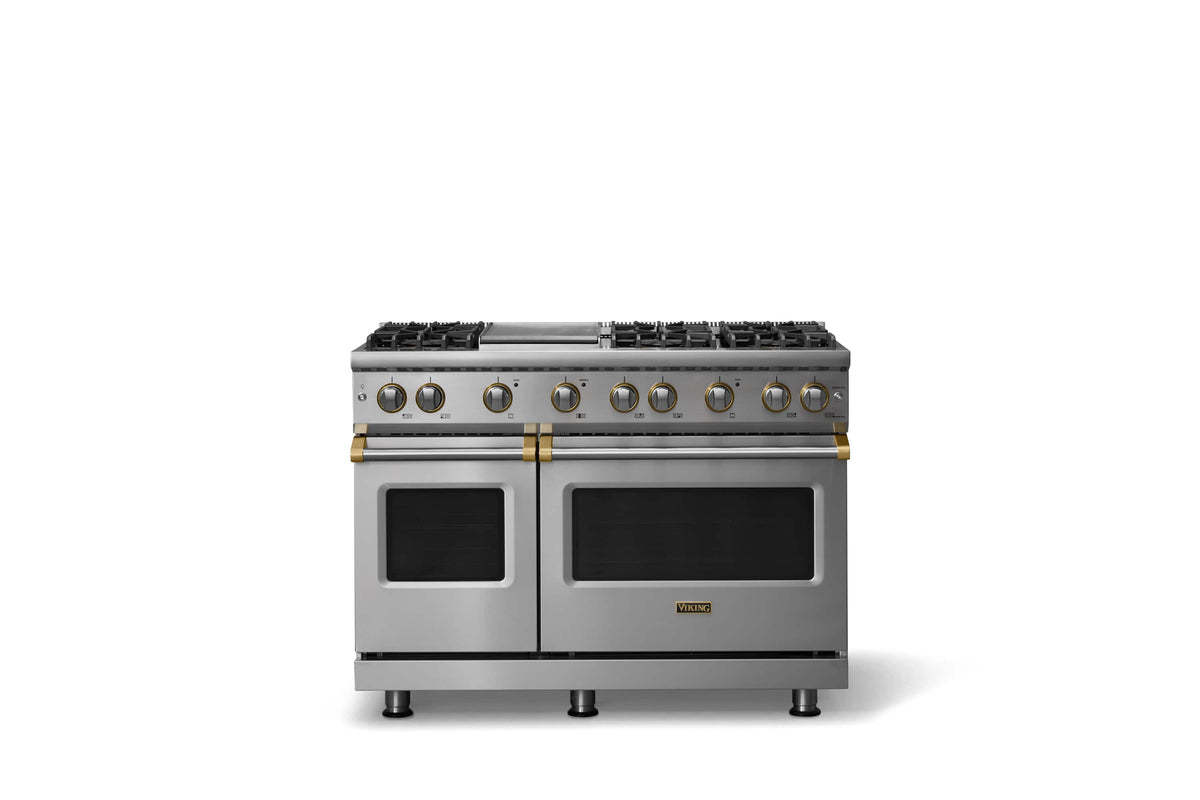 Viking - 48"W. 6.1 Cu. Ft. Freestanding Manual Clean Sealed 8B LP Gas Convection Range/Grdl/Double Oven-Stainless/Brushed Brass - Stainless Steel